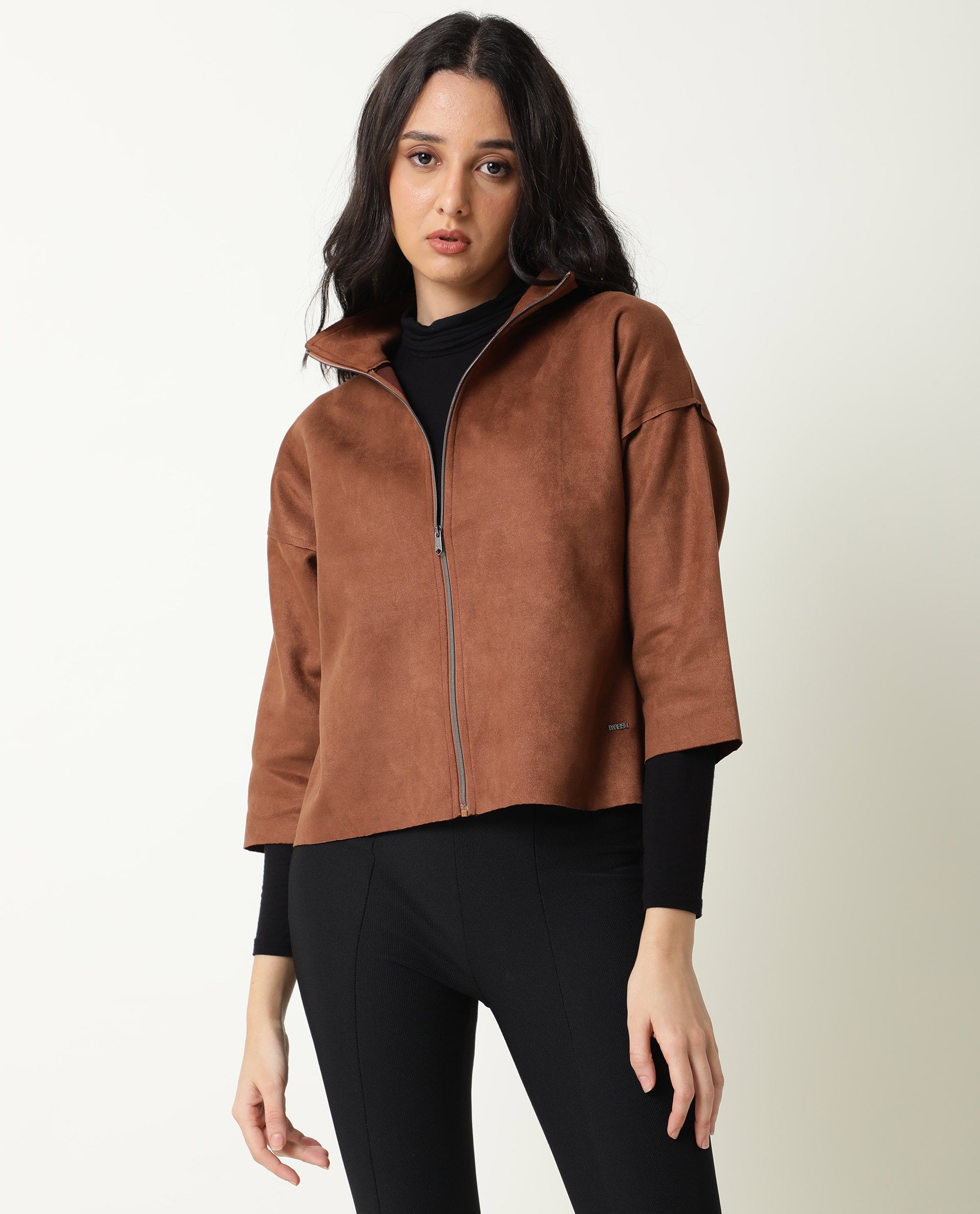 Rareism Women Vasu Brown Polyester Fabric Full Sleeves Solid Collared Neck Jacket
