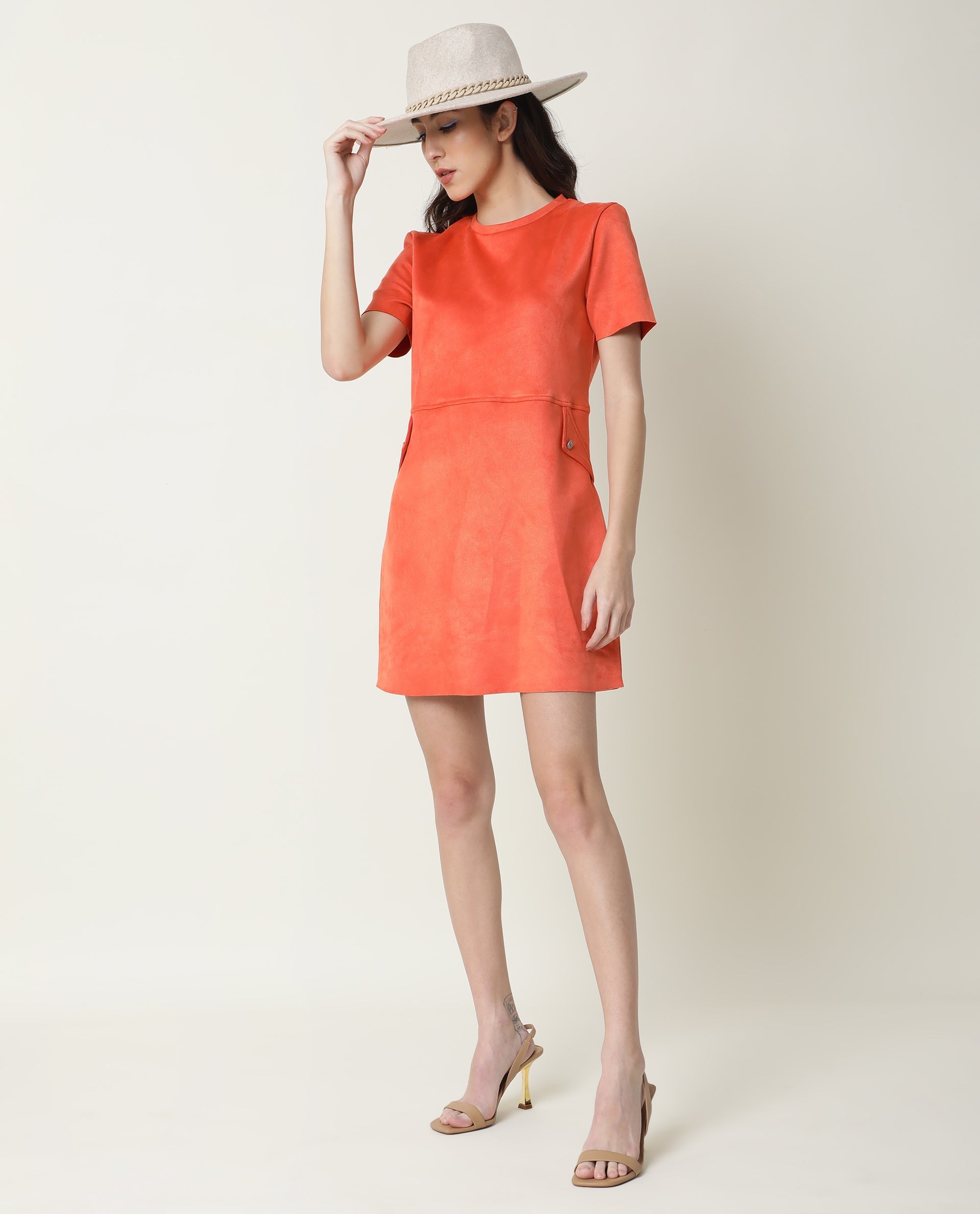 Rareism Women's Sions Orange Polyester Crew Neck Plain Knee Length Tailored Dress