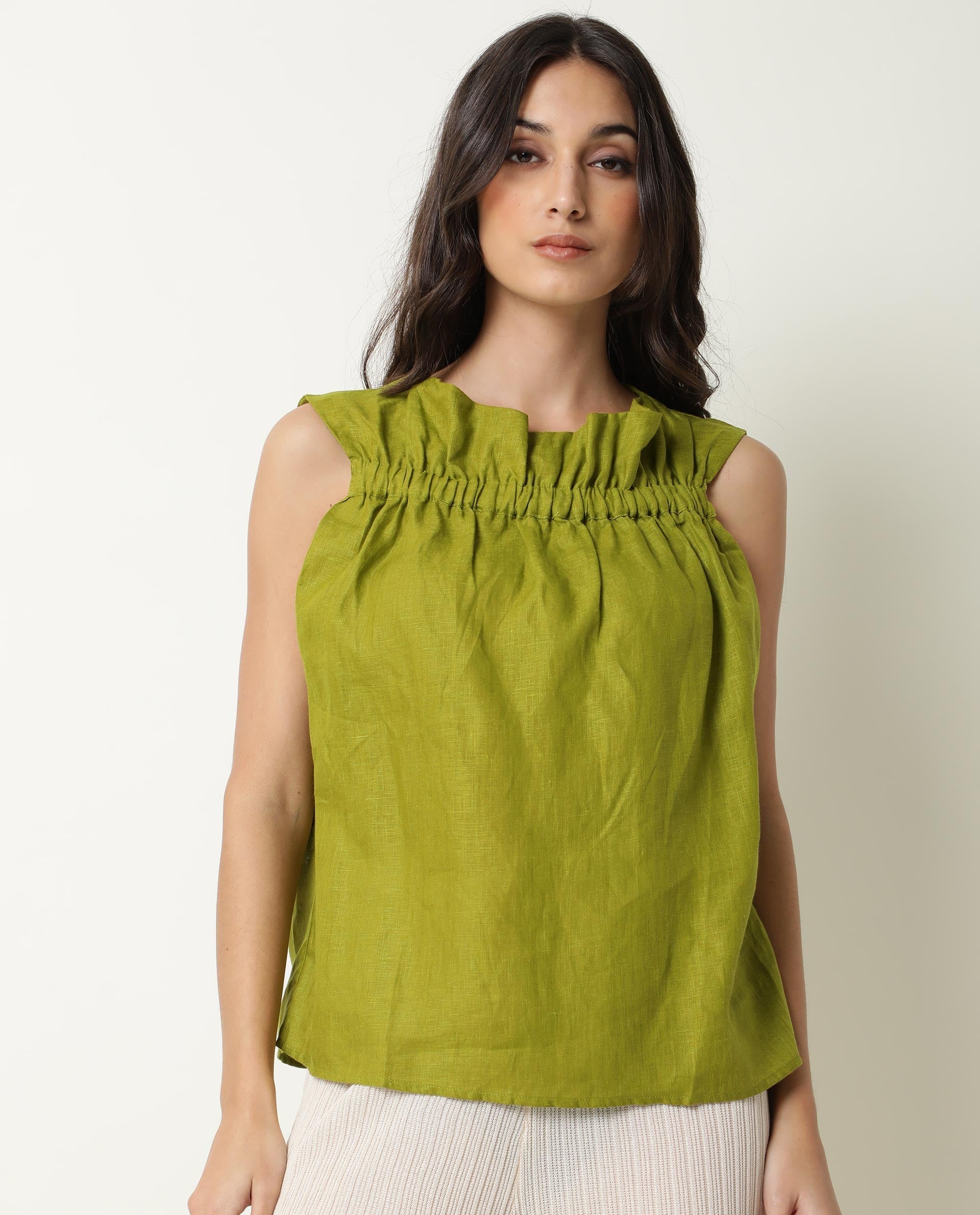 Rareism Womens Flash Green Top Cotton Linen Fabric Regular Fit Sleeveless Ruffled Neck