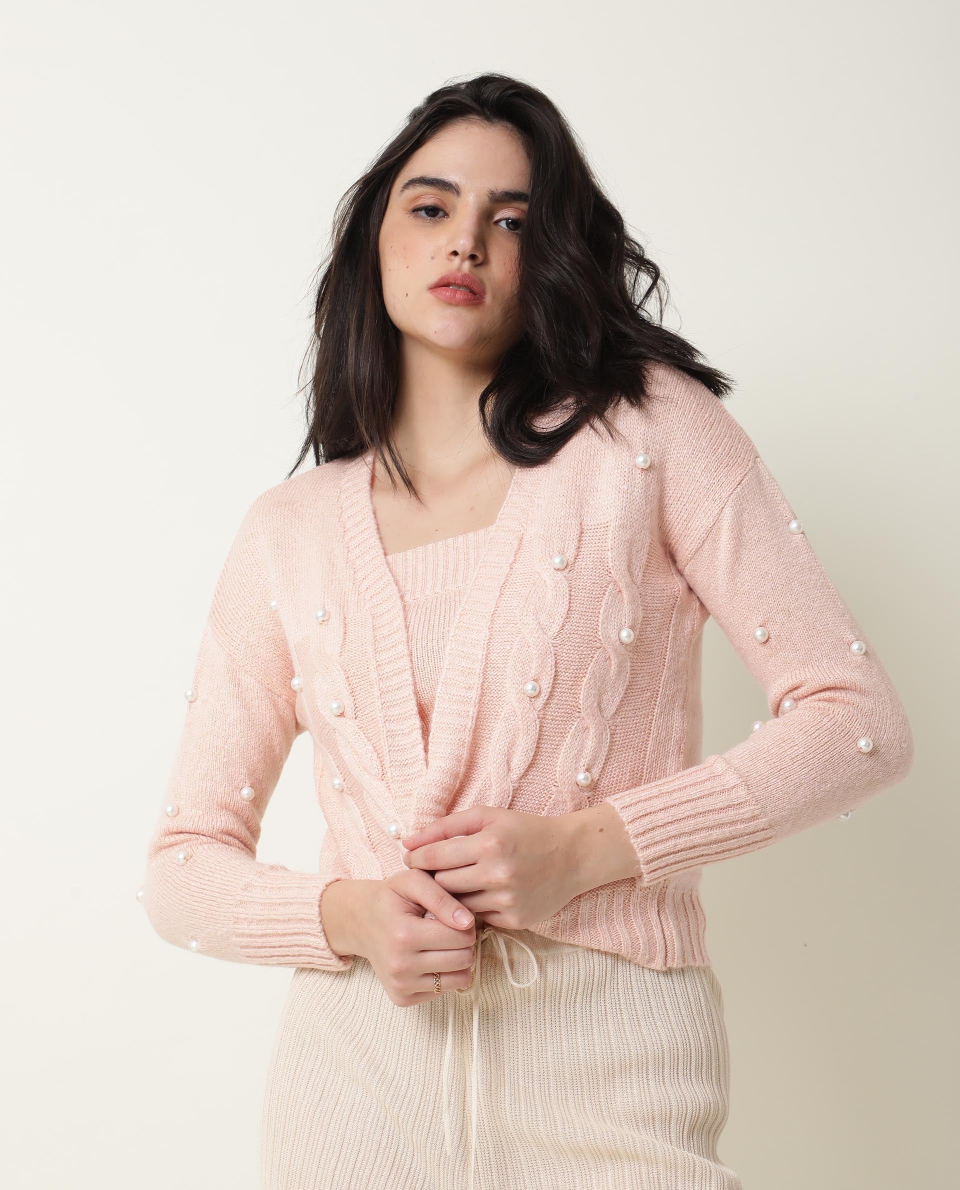 Rareism Women Tunnel Light Pink Viscose Fabric Full Sleeves Regular Fit Solid Collarless Sweater