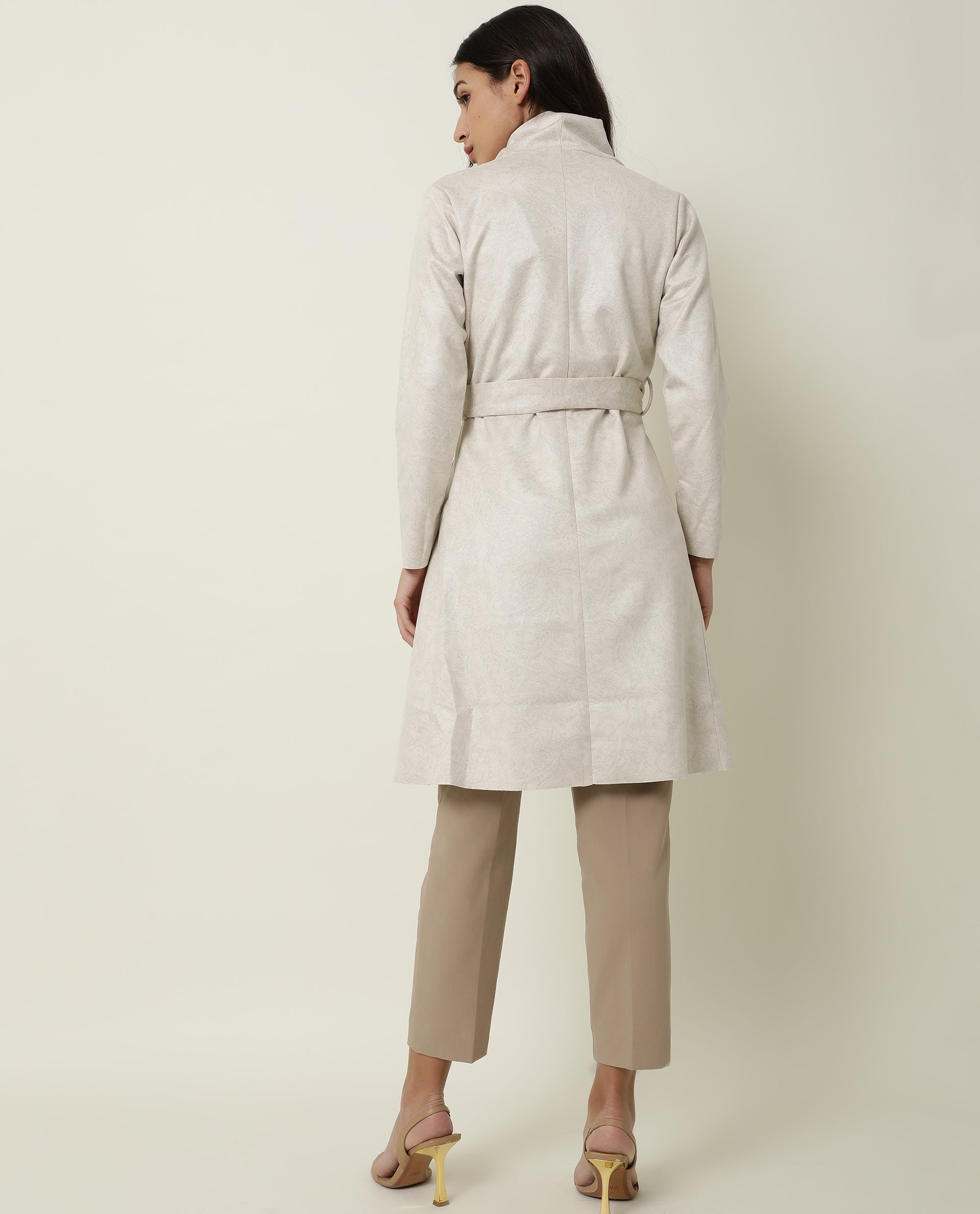 Rareism Women Palmer Beige Polyester Fabric Full Sleeves Solid Collarless Jacket