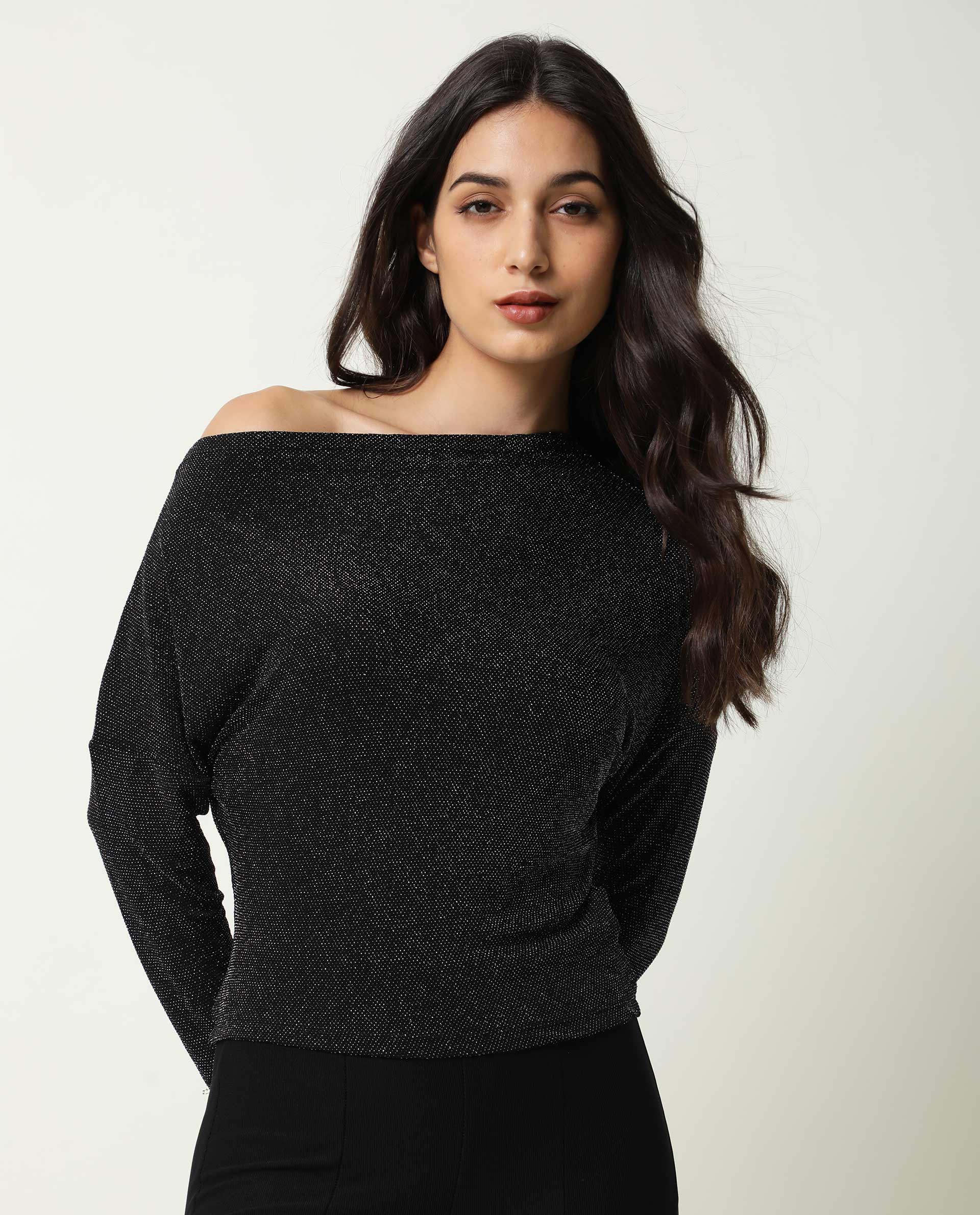 Rareism Women Freys Black Top Nylon Fabric Full Sleeves Solid