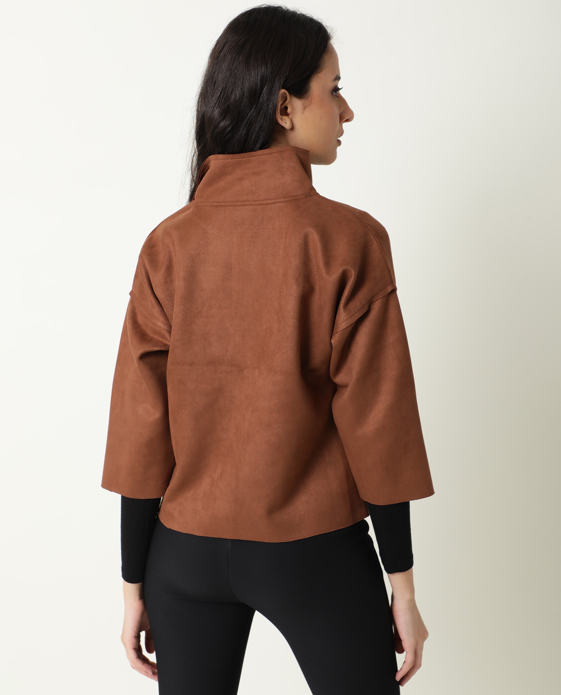 Rareism Women Vasu Brown Polyester Fabric Full Sleeves Solid Collared Neck Jacket
