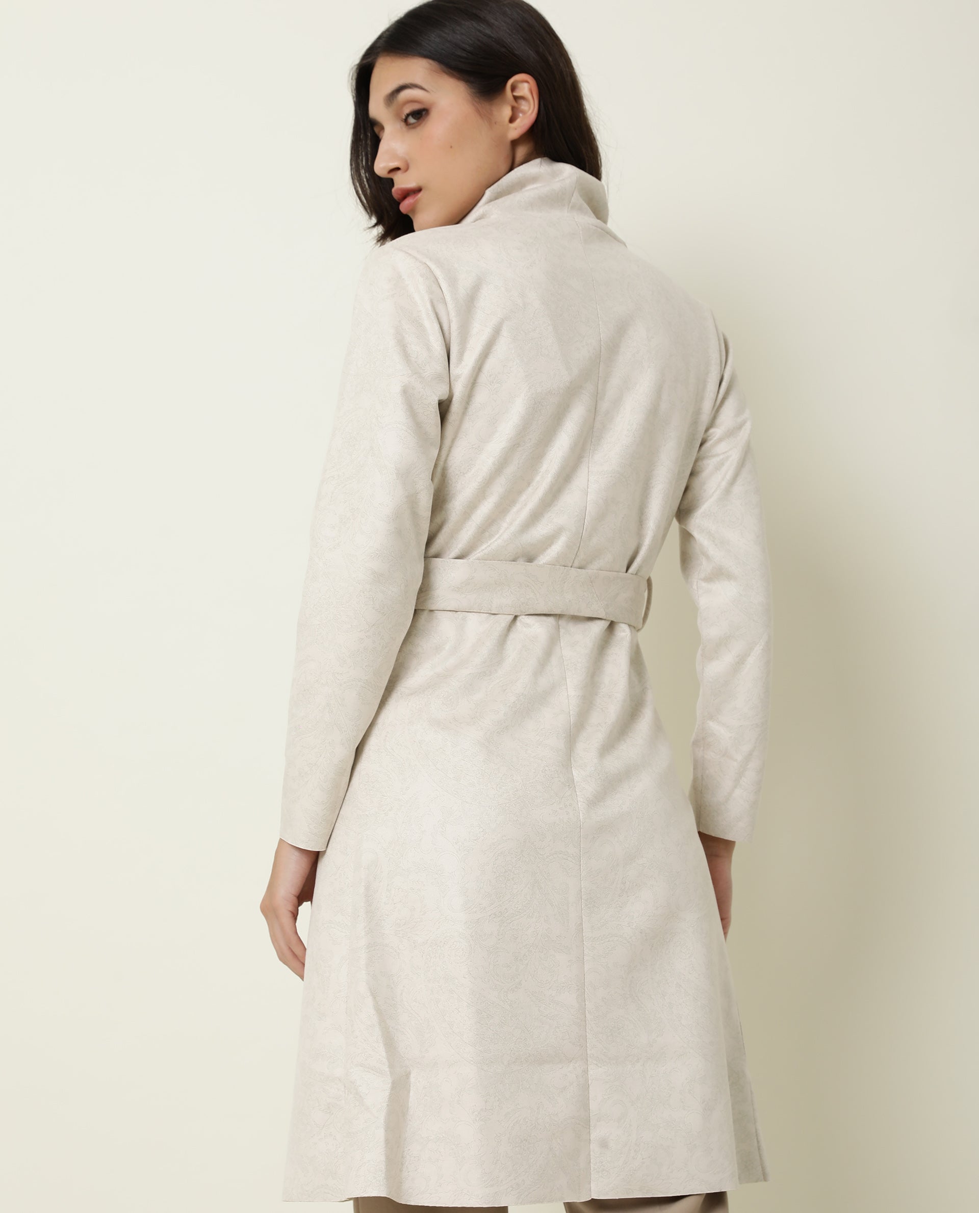 Rareism Women Palmer Beige Polyester Fabric Full Sleeves Solid Collarless Jacket