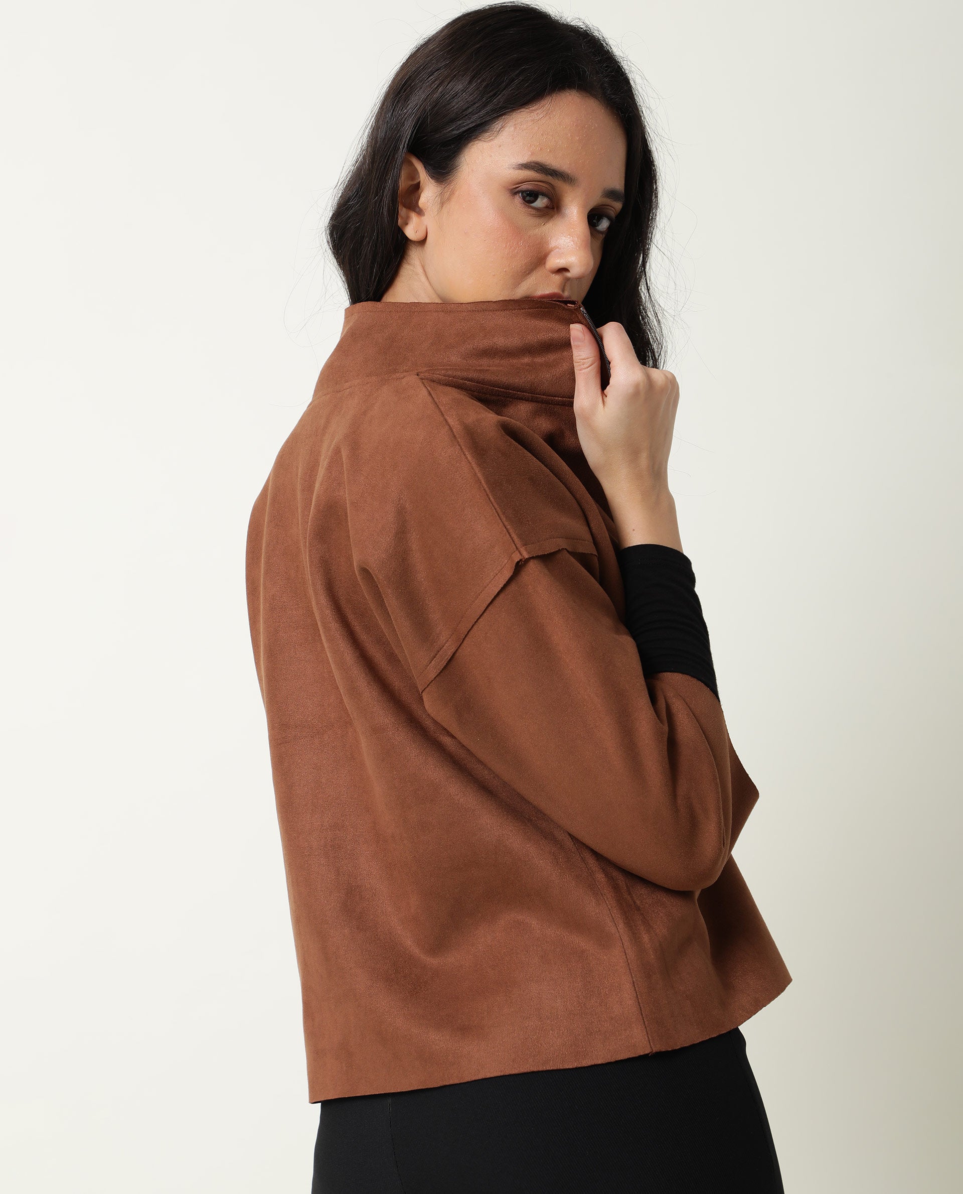 Rareism Women Vasu Brown Polyester Fabric Full Sleeves Solid Collared Neck Jacket
