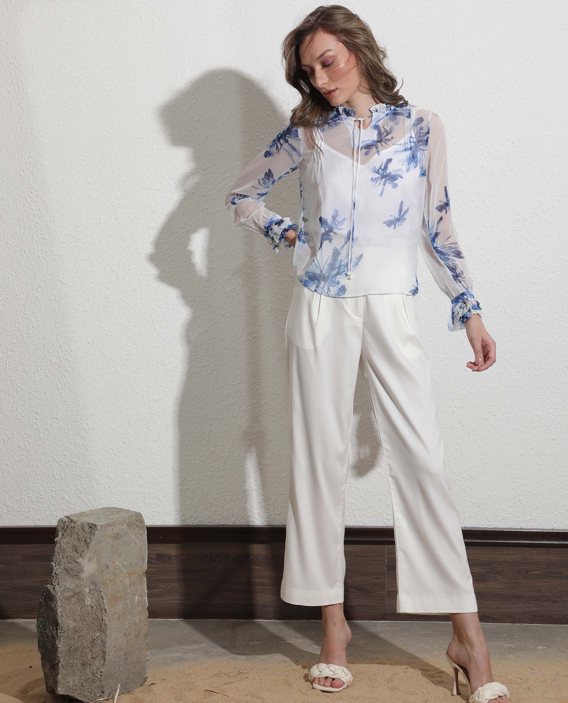 Rareism Women's Dream White Polyester Tie-Up Neck Abstract Print Ruffled Sleeve Relaxed Fit Top