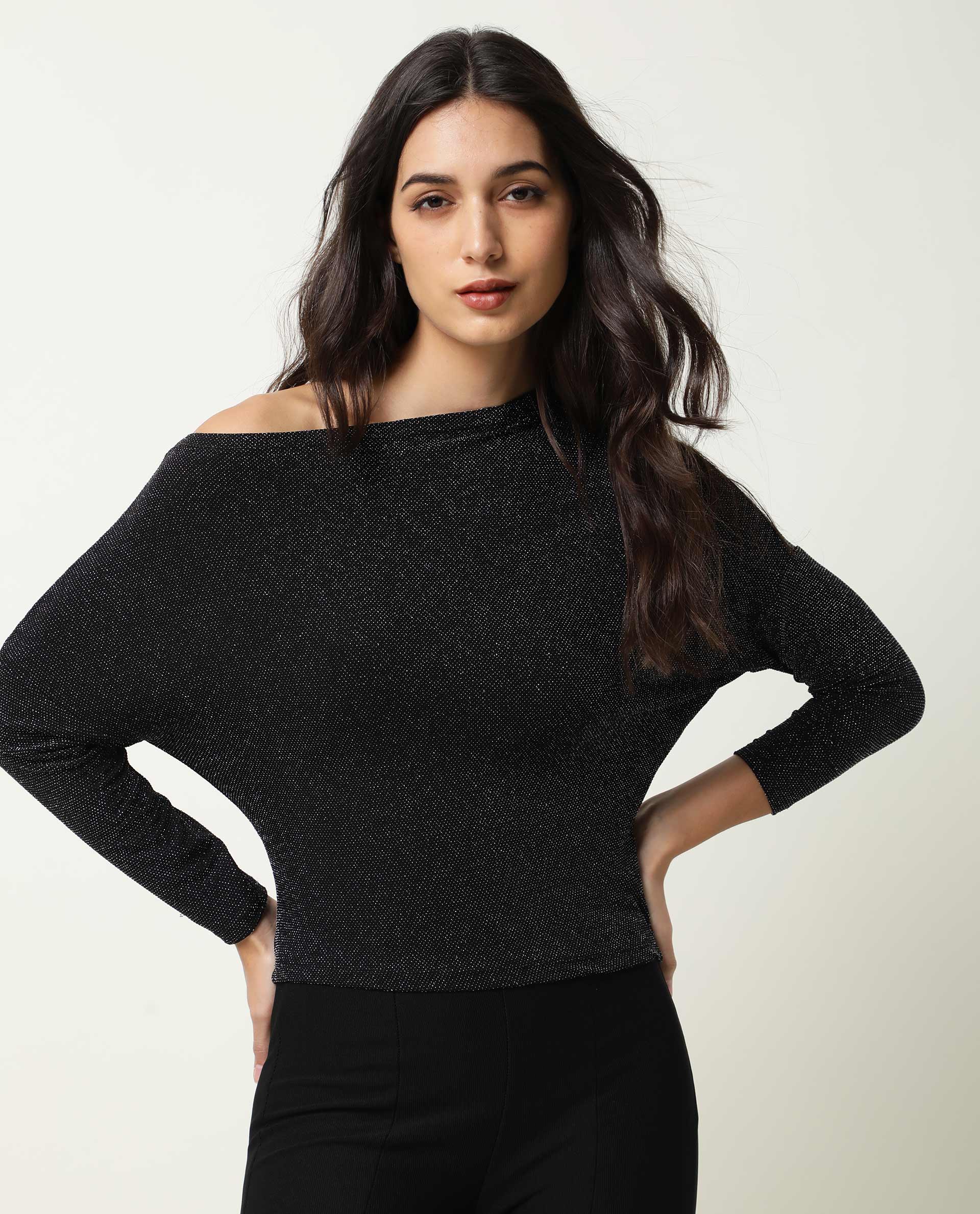 Rareism Women Freys Black Top Nylon Fabric Full Sleeves Solid