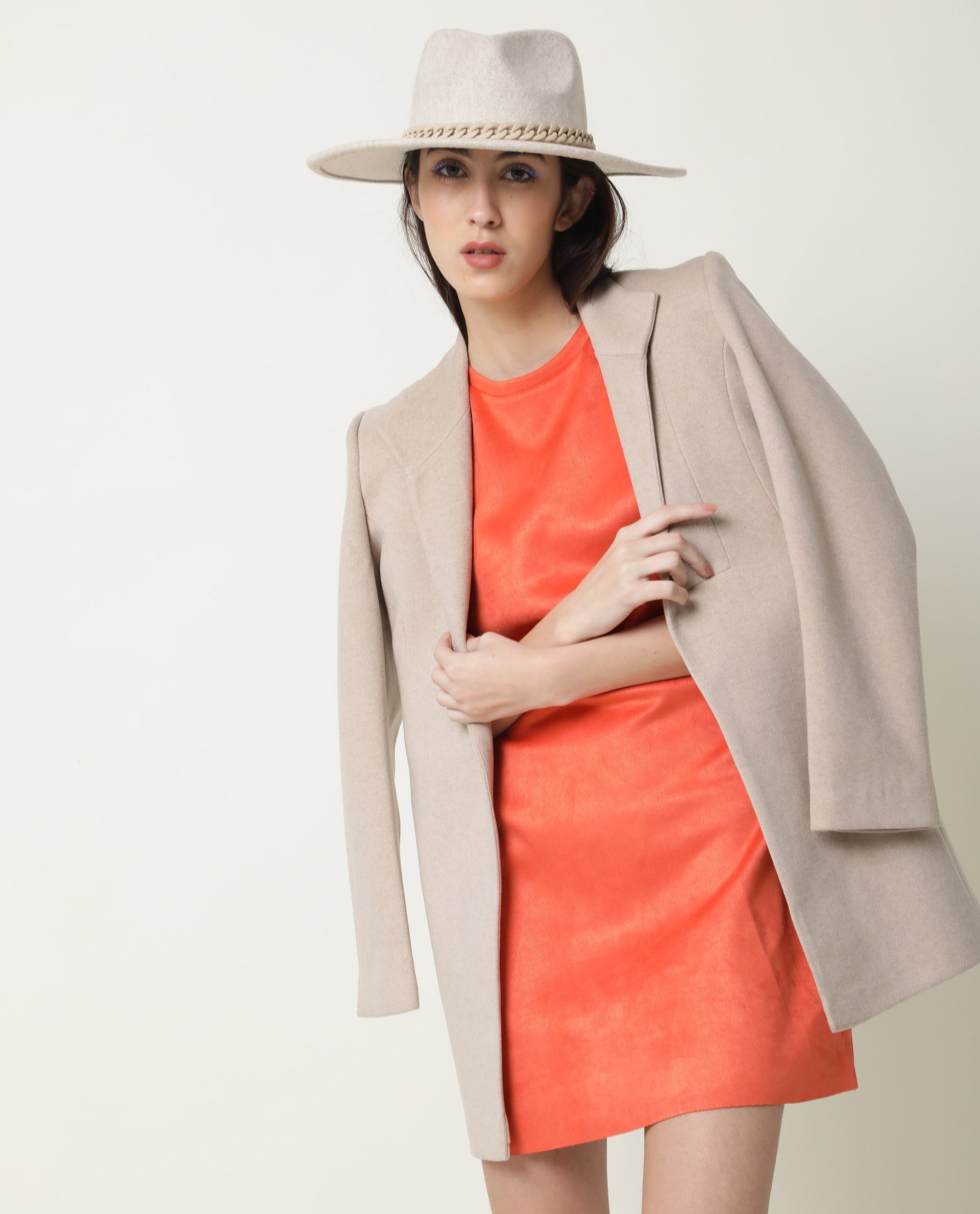 Rareism Women's Sions Orange Polyester Crew Neck Plain Knee Length Tailored Dress