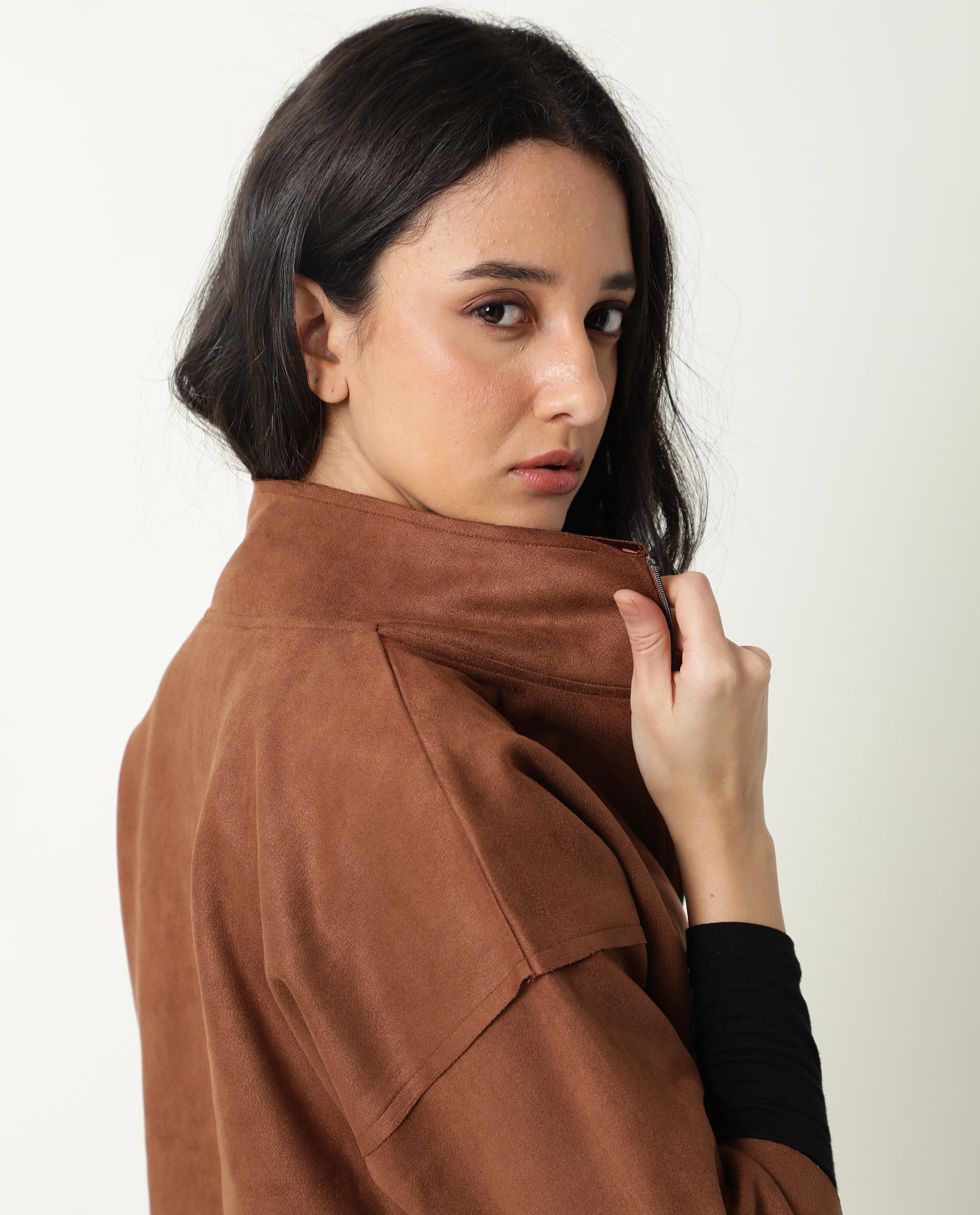 Rareism Women Vasu Brown Polyester Fabric Full Sleeves Solid Collared Neck Jacket