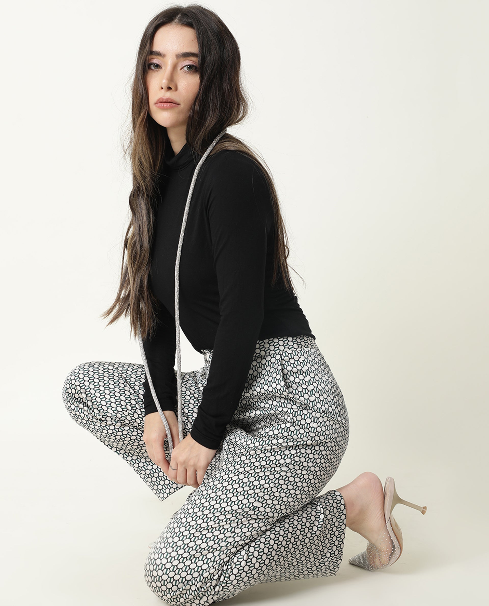 Rareism Women Malani Beige Modal Fabric Tailored Fit Mid Rise Geometric Print Ankle Length Trousers