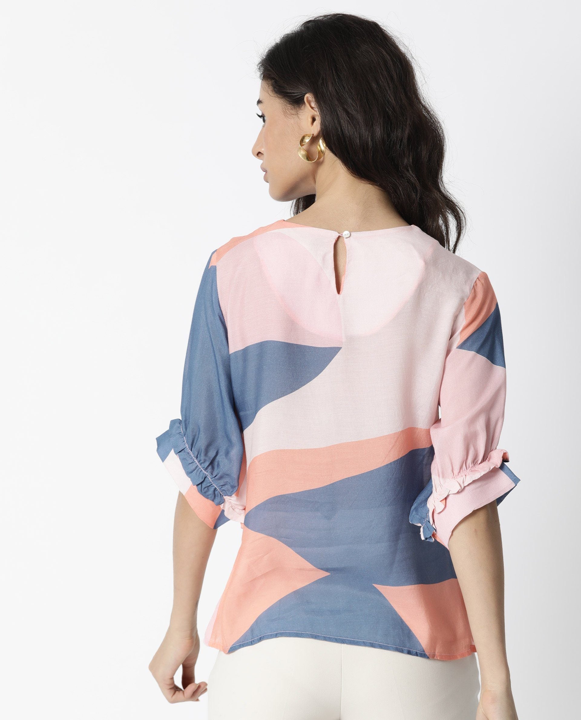 Rareism Women Kite Peach Top Short Sleeves Printed