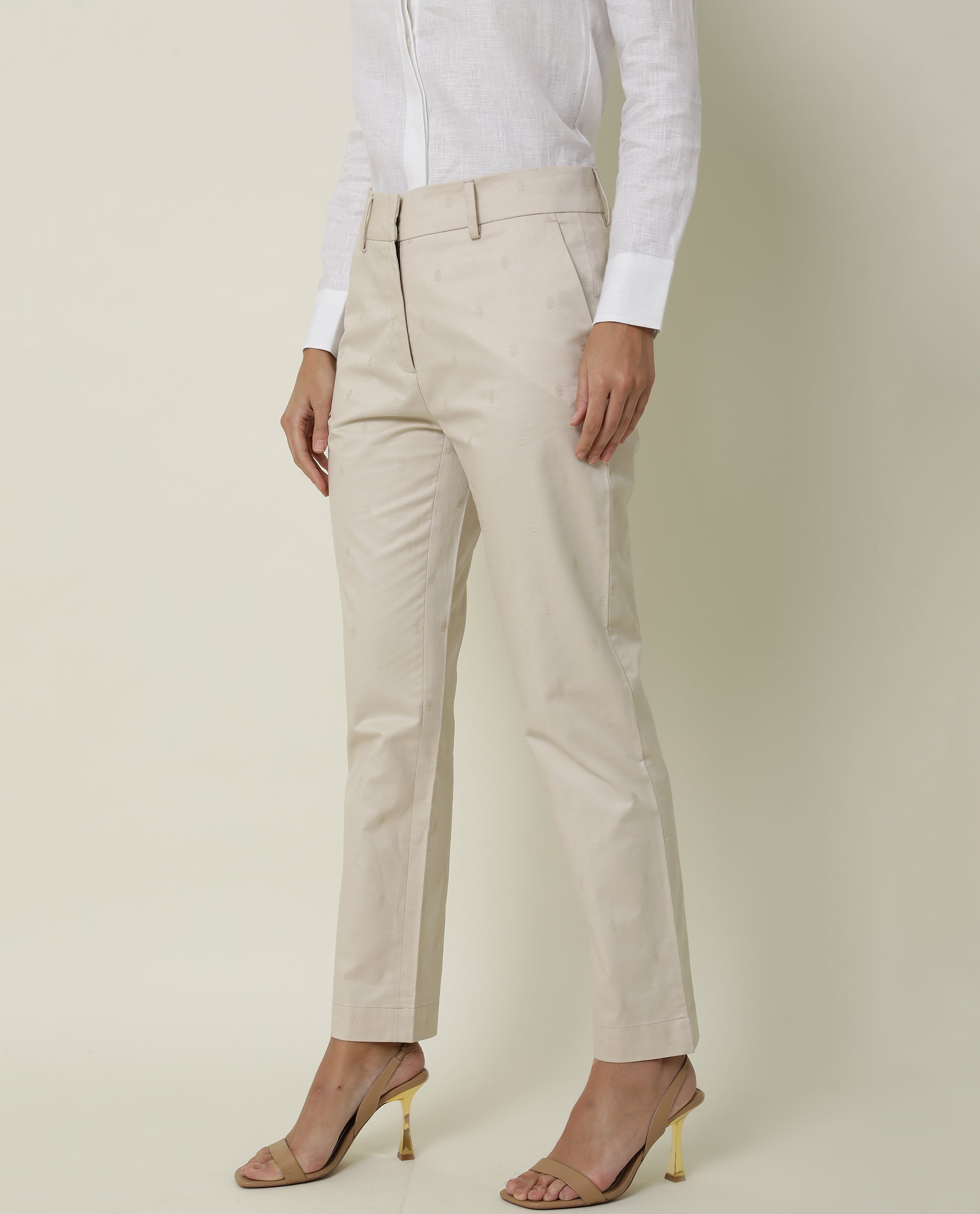 Rareism Women's Odyssey Beige Viscose Plain Ankle Length Tailored Trouser