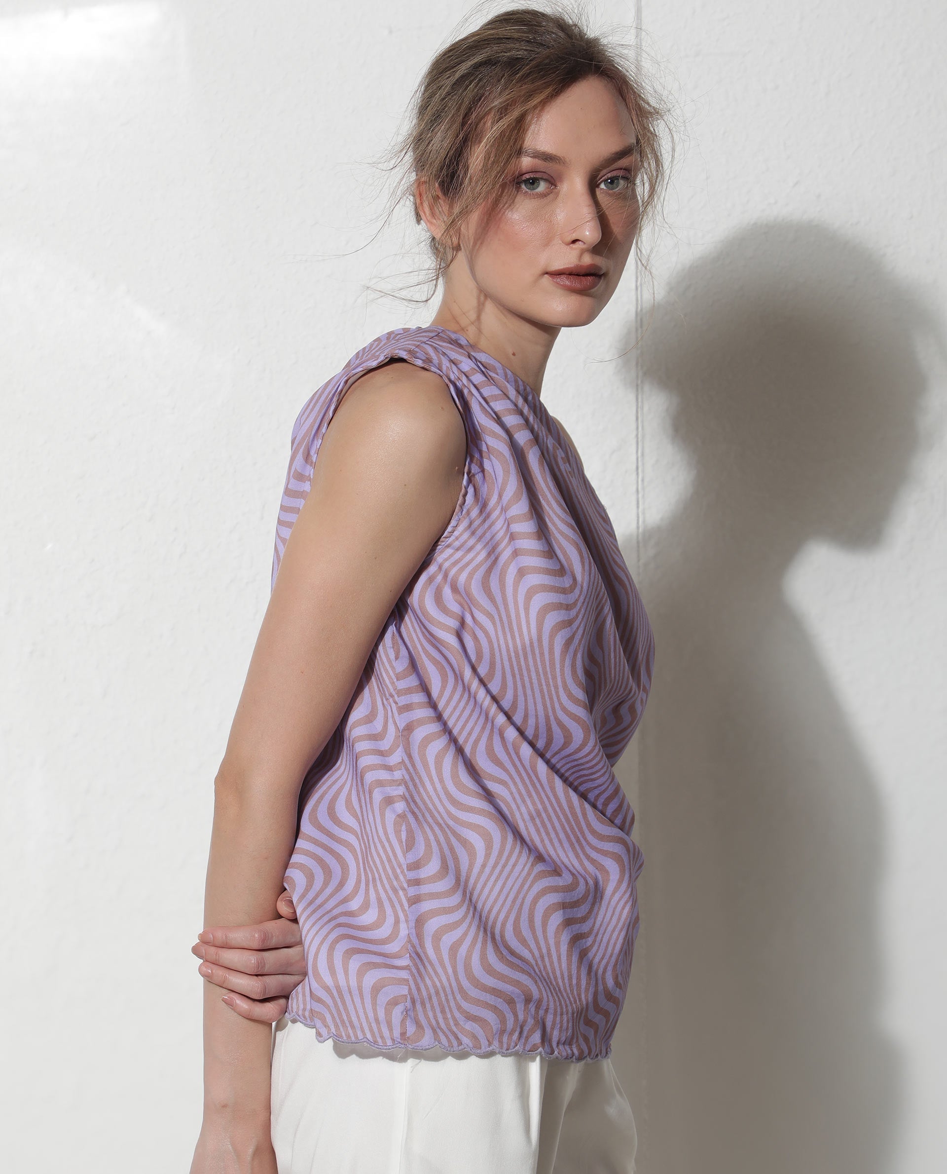 Rareism Women Milio Purple Cotton Fabric Regular Fit Tube Neck Geometric Print Top