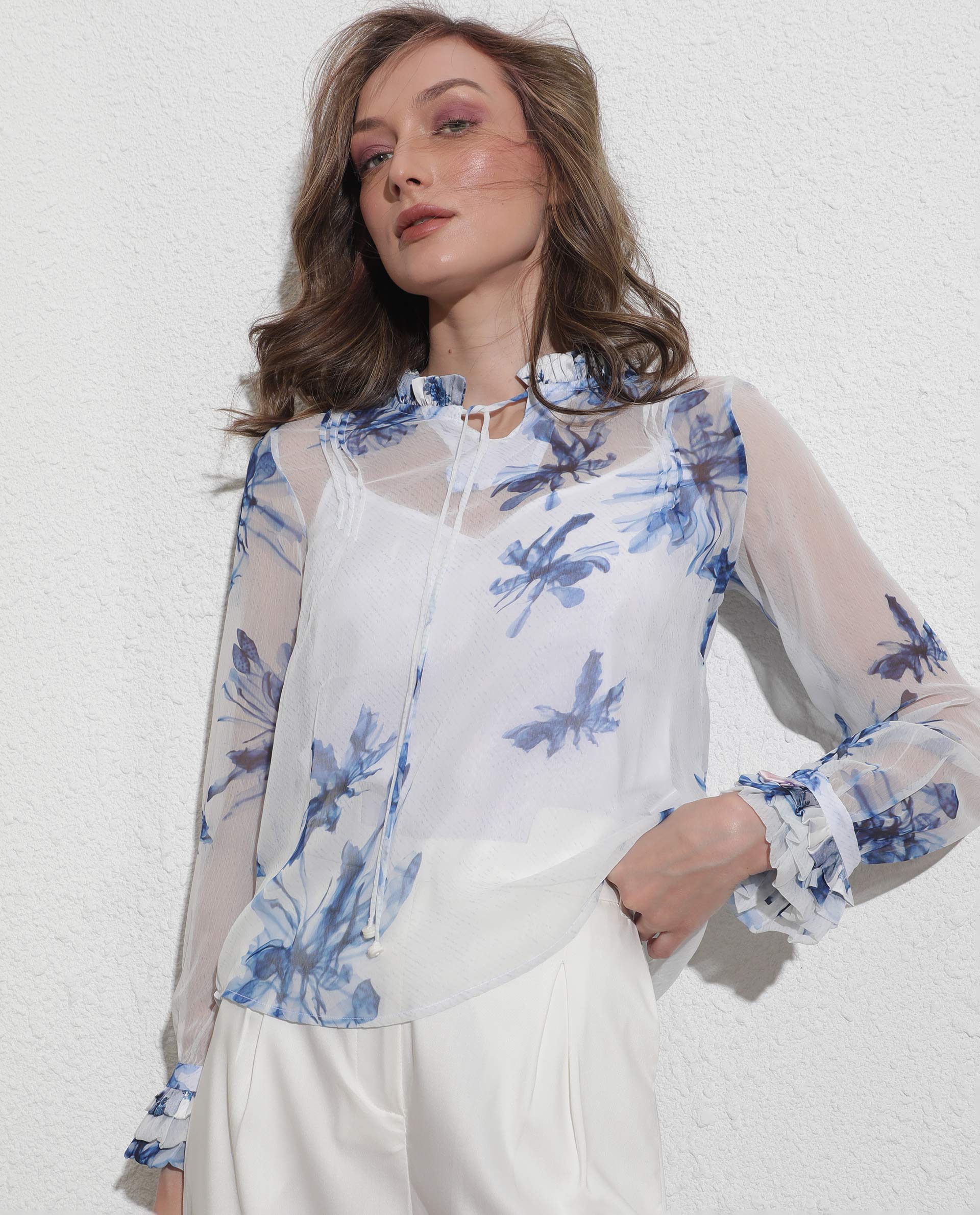 Rareism Women's Dream White Polyester Tie-Up Neck Abstract Print Ruffled Sleeve Relaxed Fit Top