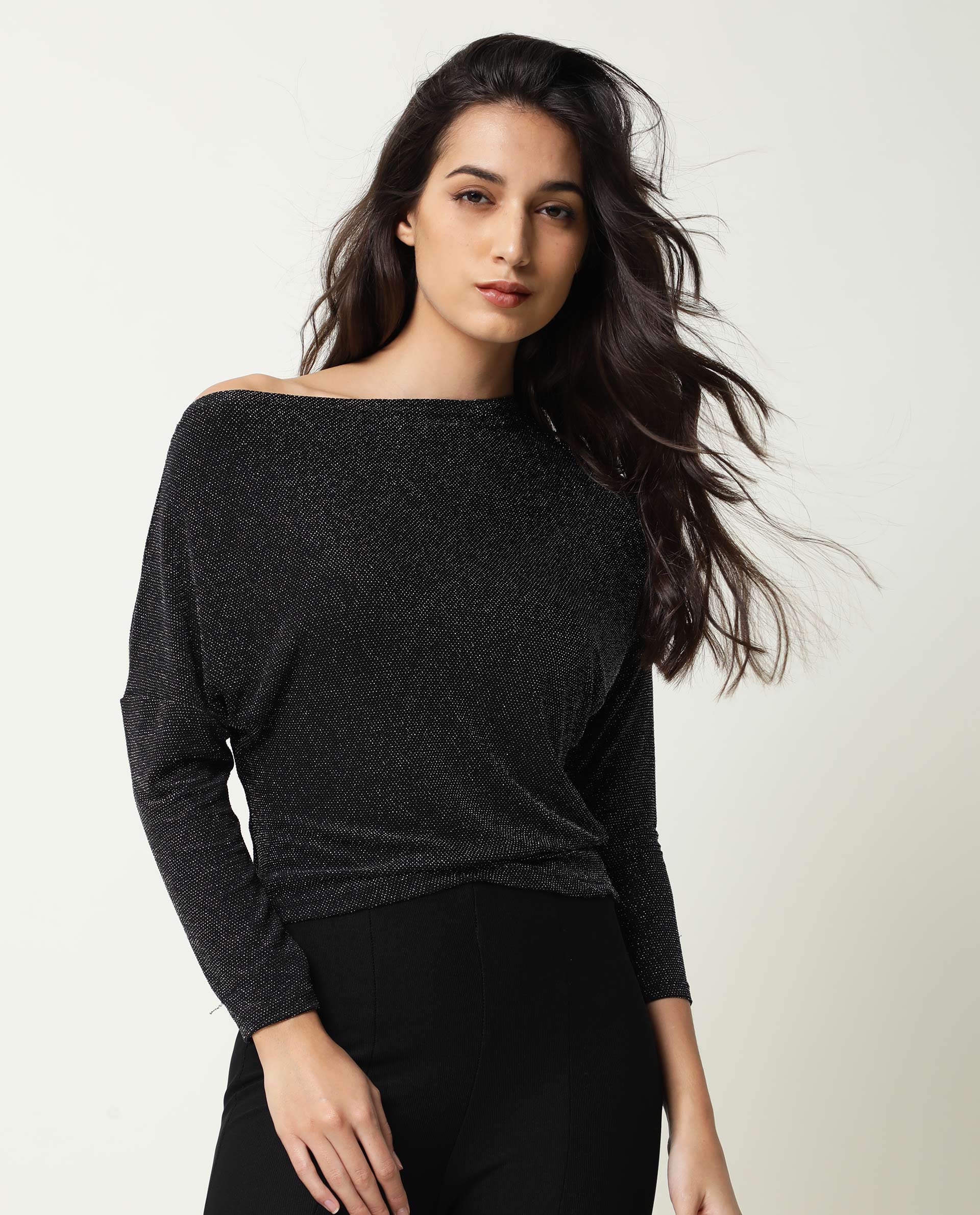 Rareism Women Freys Black Top Nylon Fabric Full Sleeves Solid