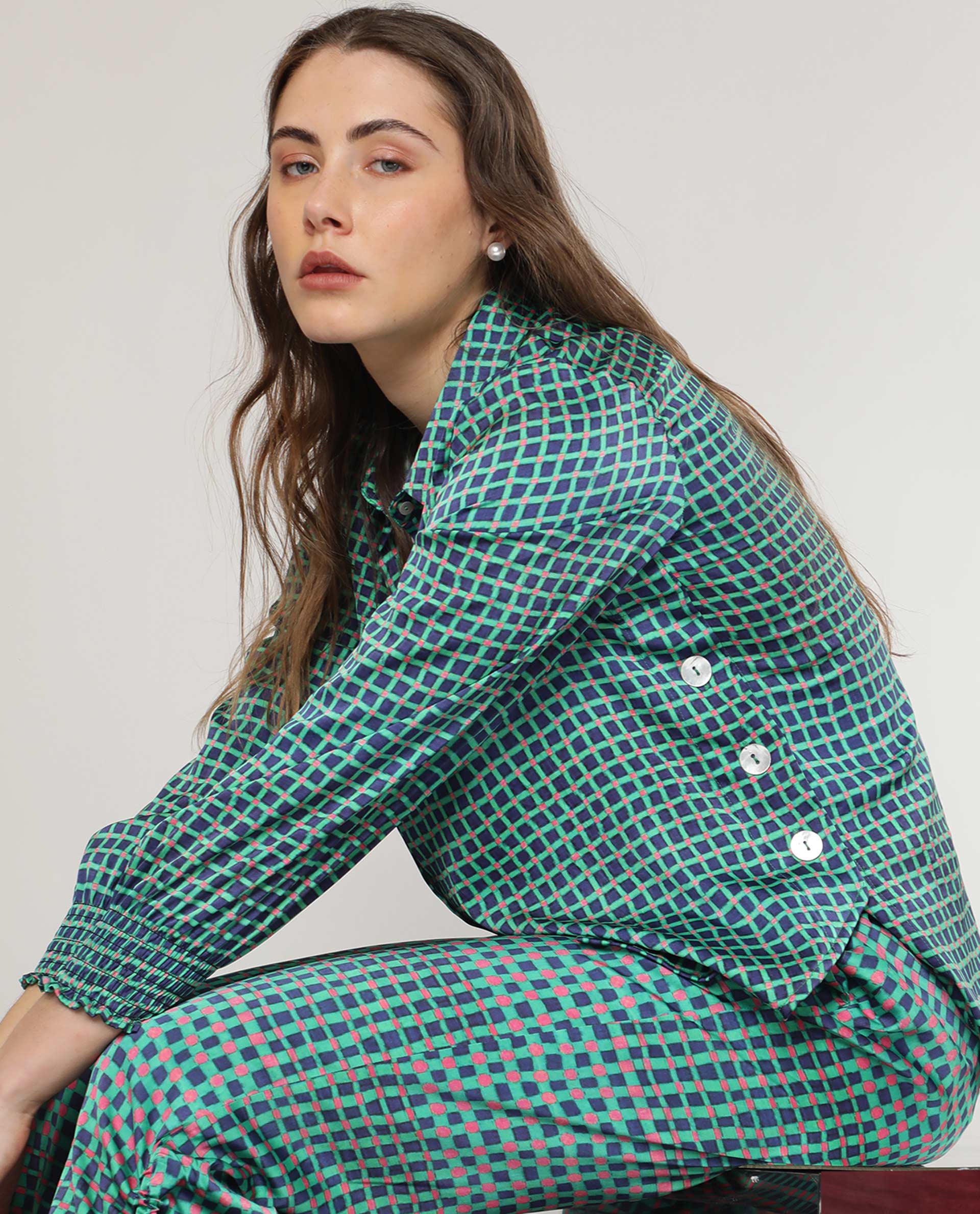 Rareism Women's Emileo Green Polyester Spread Collar Geometric Print Relaxed Fit Top
