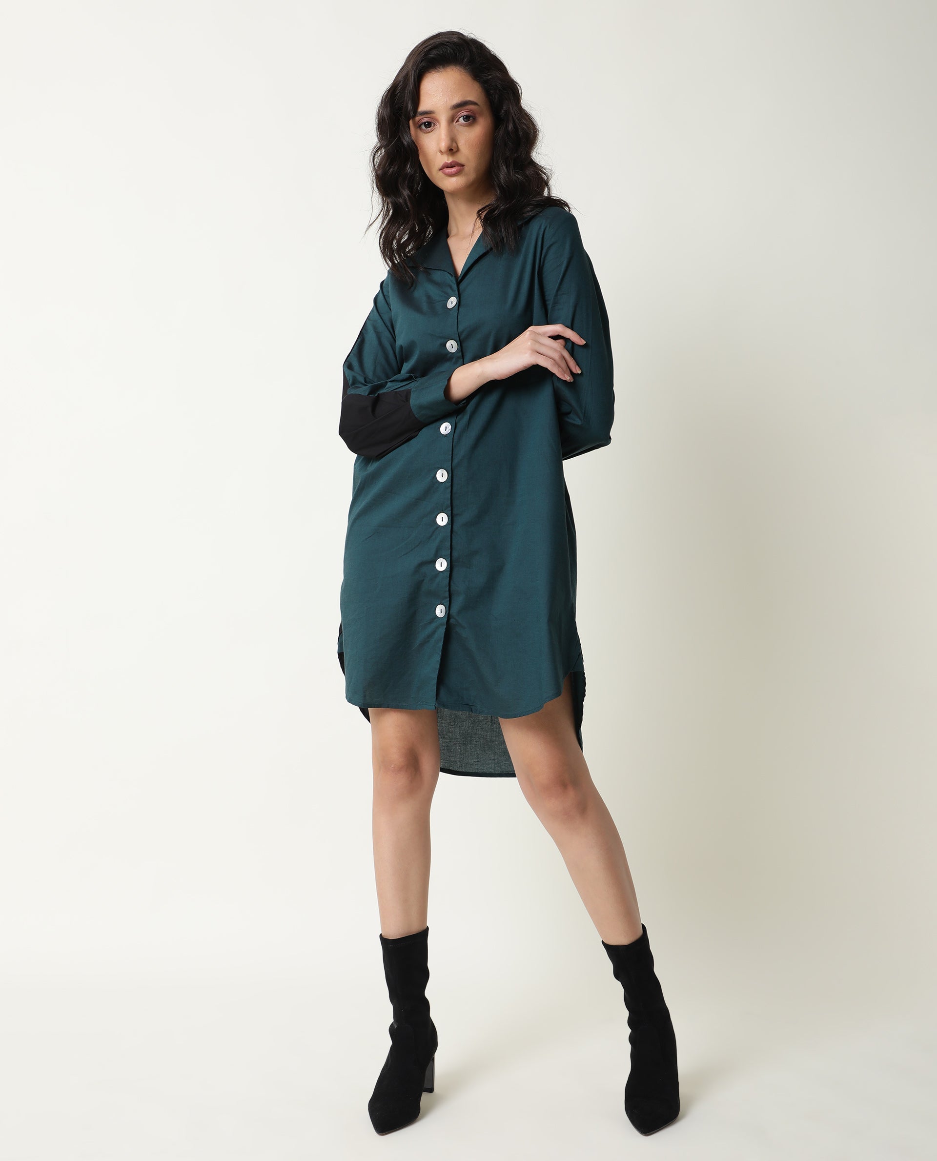 Rareism Women's Tally Petrol V-Neck Plain Knee Length Regular Fit Dress