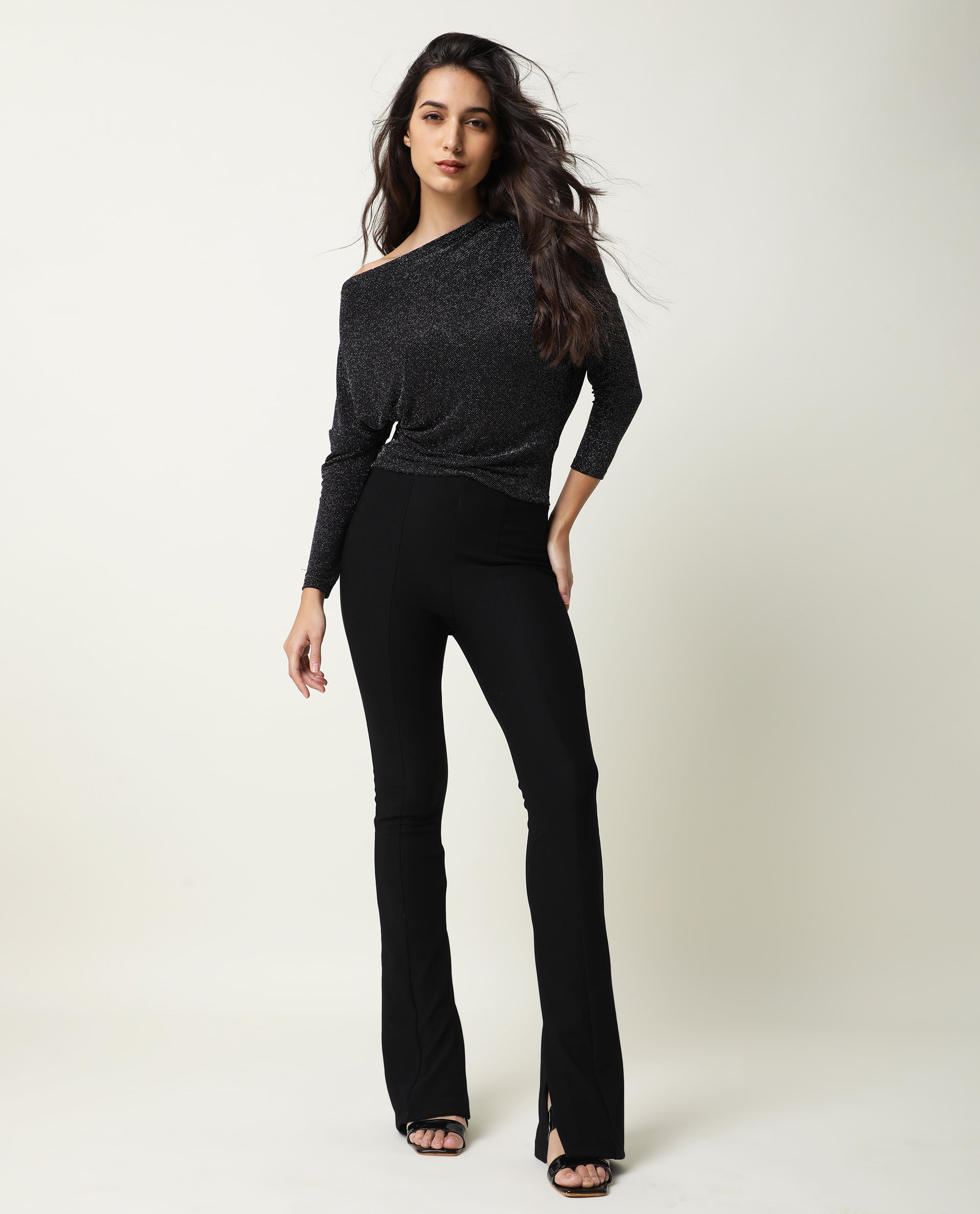 Rareism Women Freys Black Top Nylon Fabric Full Sleeves Solid