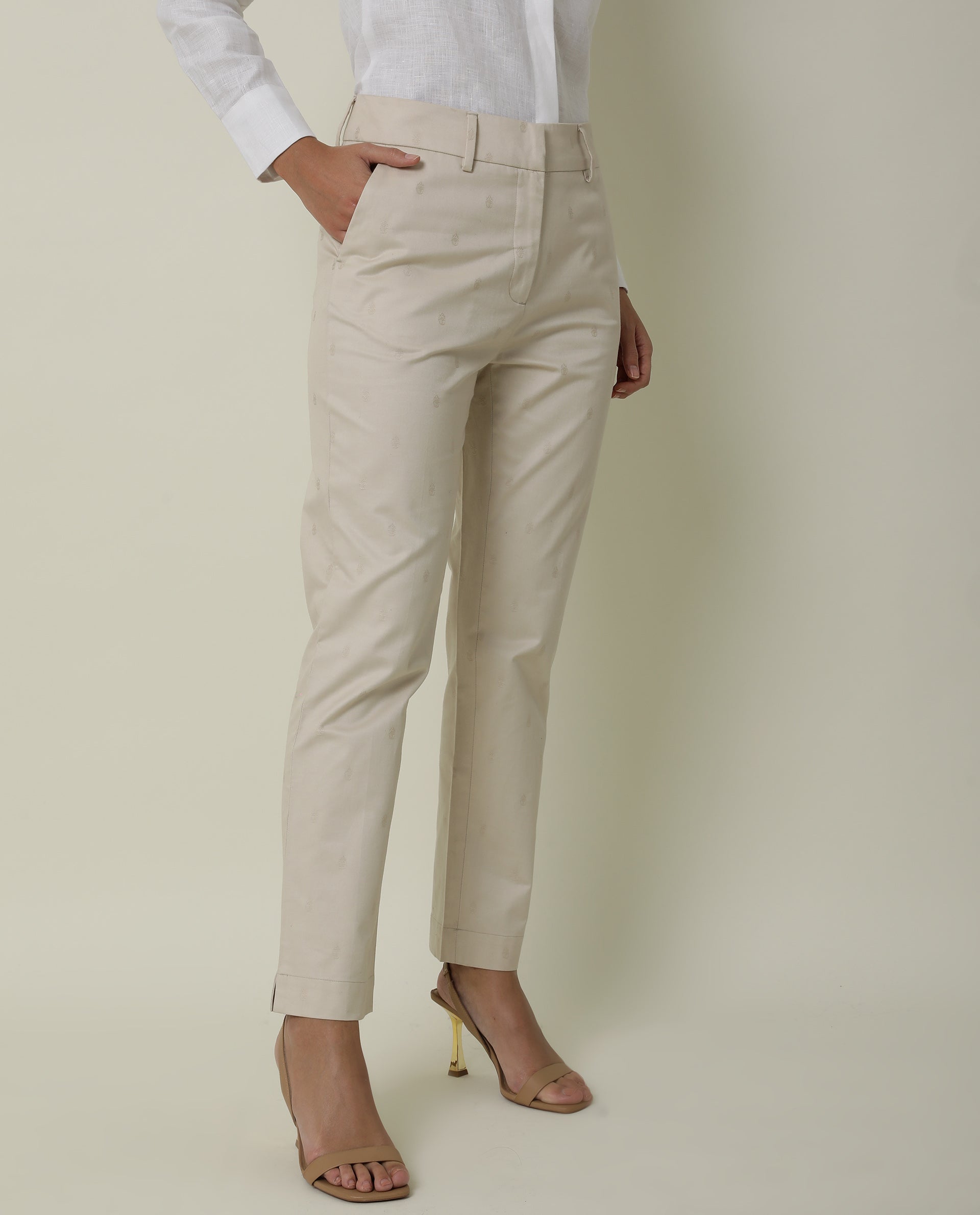 Rareism Women's Odyssey Beige Viscose Plain Ankle Length Tailored Trouser