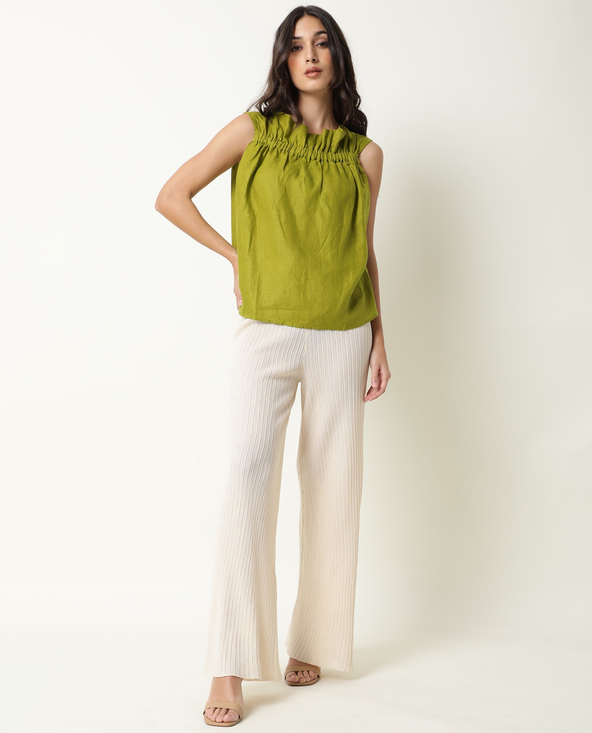 Rareism Womens Flash Green Top Cotton Linen Fabric Regular Fit Sleeveless Ruffled Neck