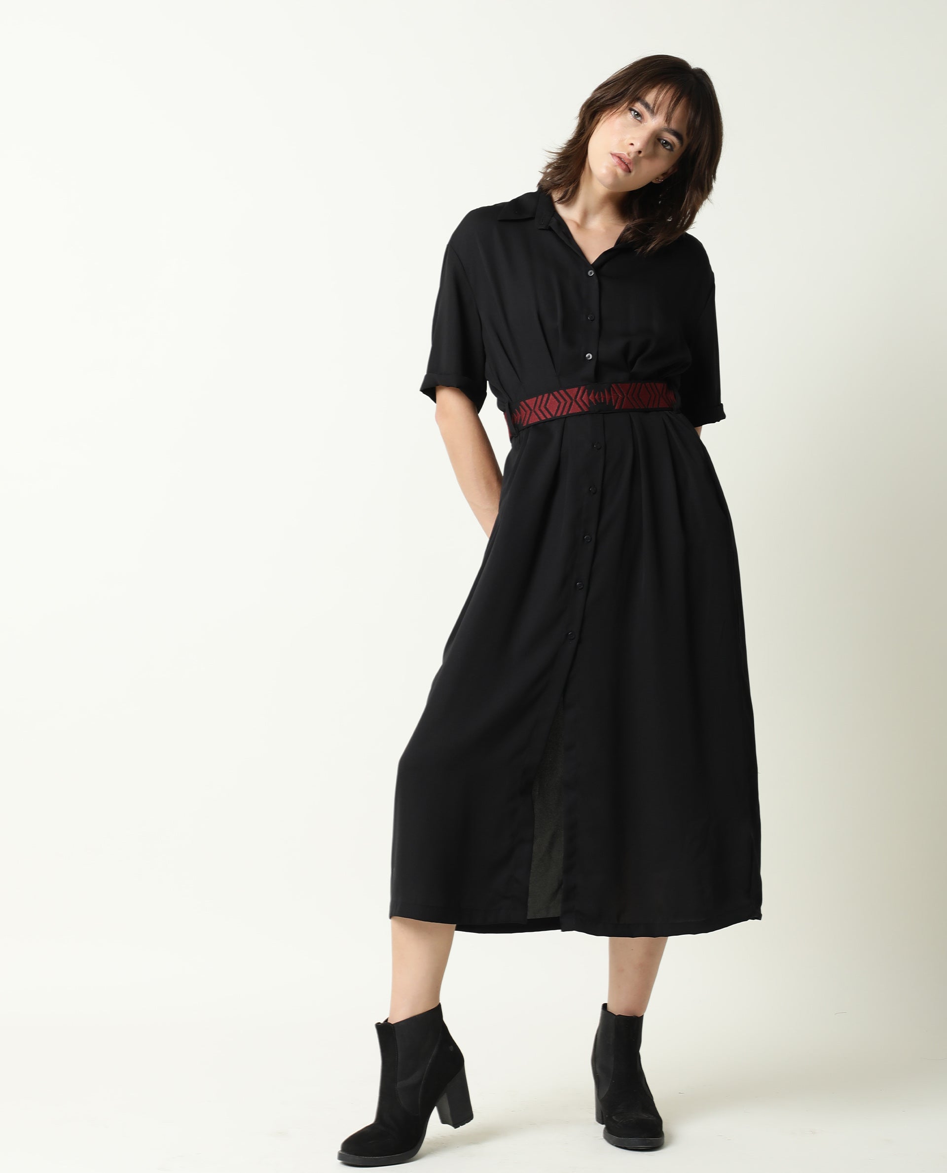 Rareism Women's Shroff Black Polyester Spread Collar Plain Midi Relaxed Fit Dress