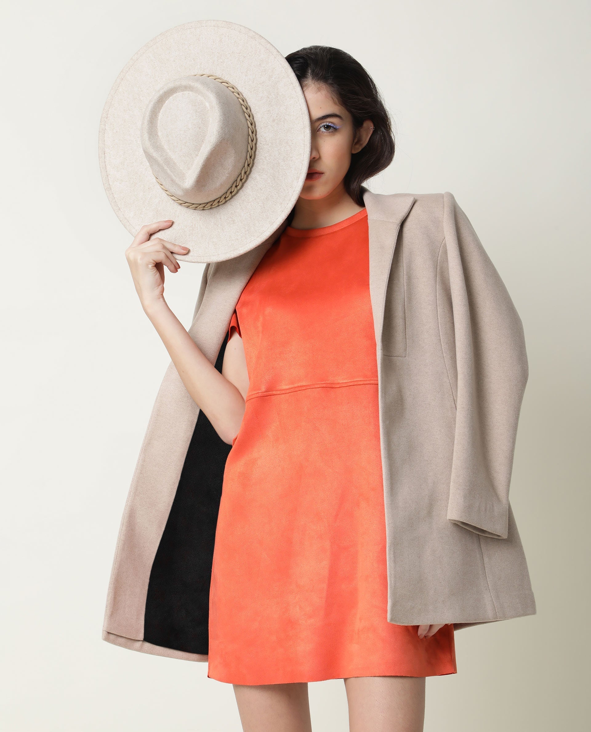 Rareism Women's Sions Orange Polyester Crew Neck Plain Knee Length Tailored Dress