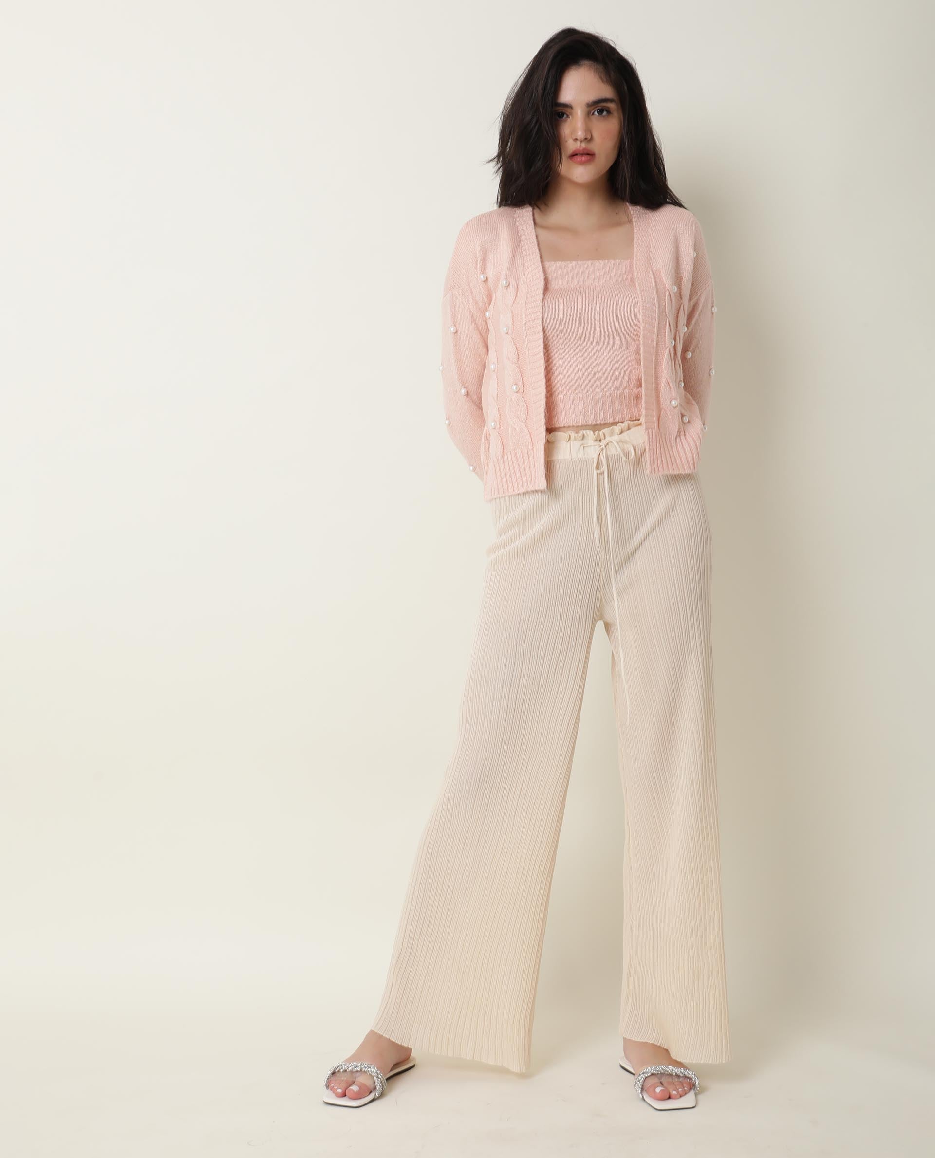 Rareism Women Tunnel Light Pink Viscose Fabric Full Sleeves Regular Fit Solid Collarless Sweater