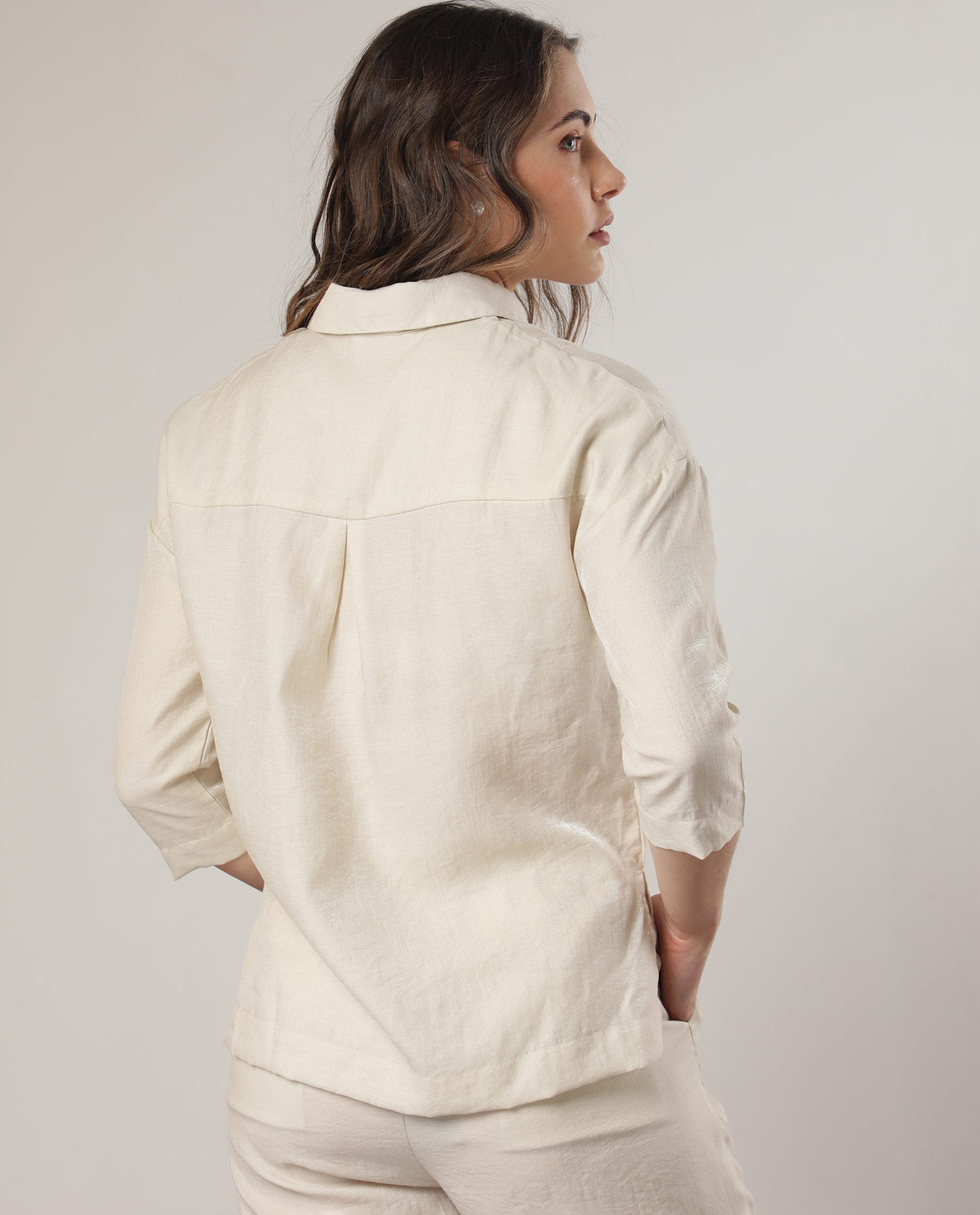 Rareism Women Velynn Beige Polyester Fabric Regular Fit Shirt Collar 3/4Th Sleeves Solid Top