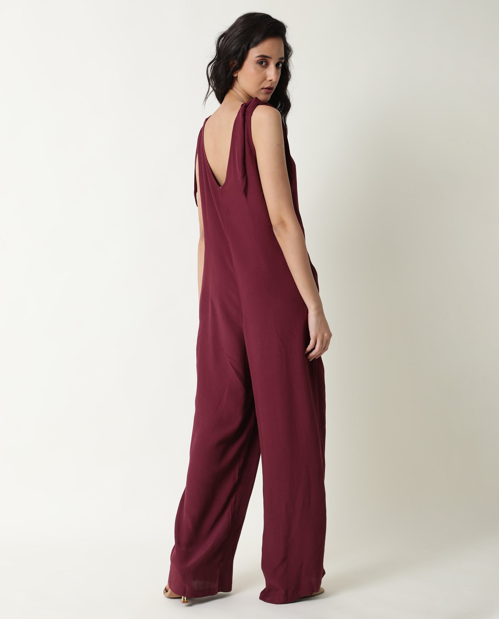 Rareism Women's Pivot Maroon Viscose V-Neck Plain Sleeveless Knee Length Tailored Jumpsuit