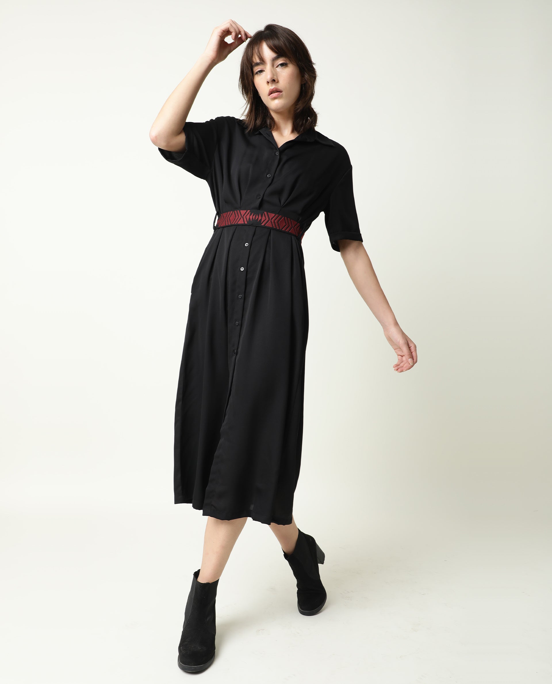 Rareism Women's Shroff Black Polyester Spread Collar Plain Midi Relaxed Fit Dress