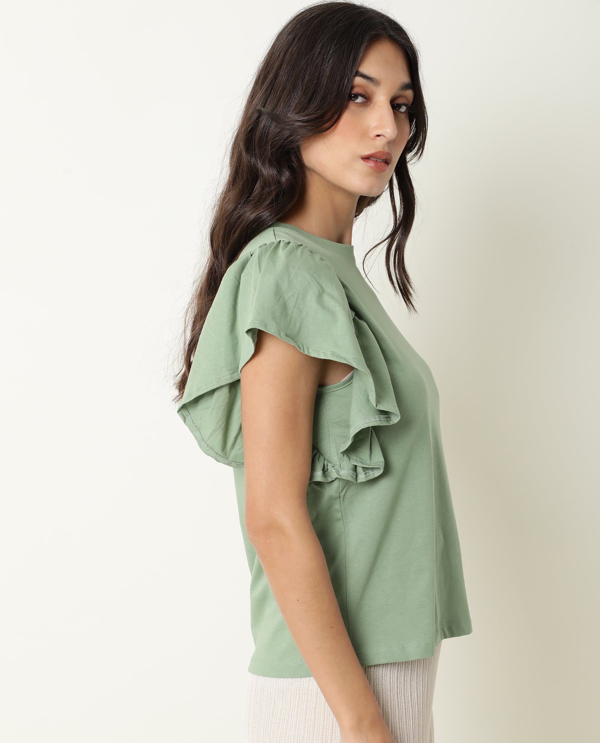 Rareism Women's Yatch Green Crew Neck Plain Regular Fit Top