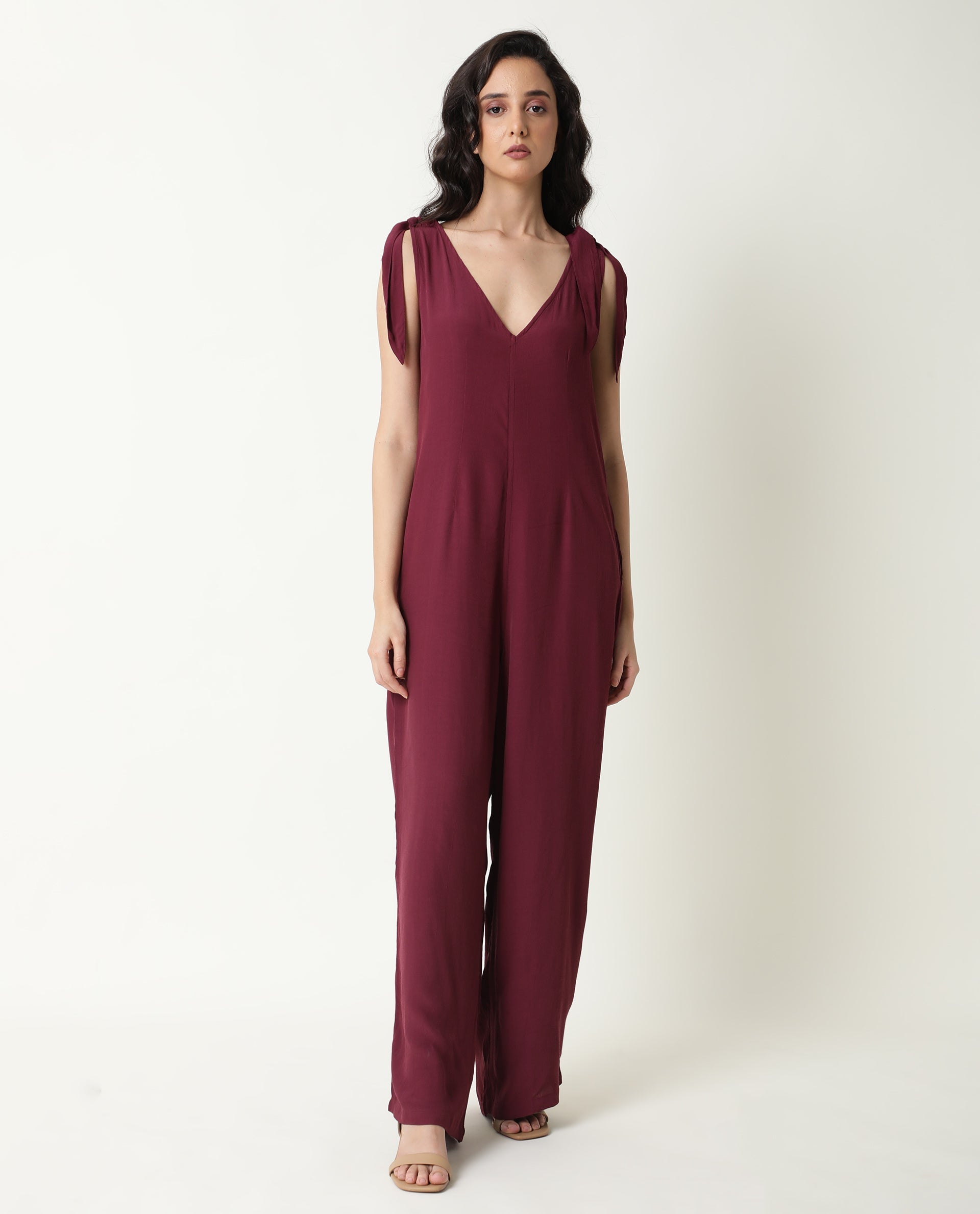 Rareism Women's Pivot Maroon Viscose V-Neck Plain Sleeveless Knee Length Tailored Jumpsuit
