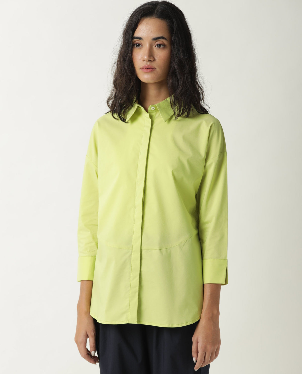 Rareism Womens Eleven Green Top Polyester Fabric Regular Fit 3/4 Sleeve Collared Neck