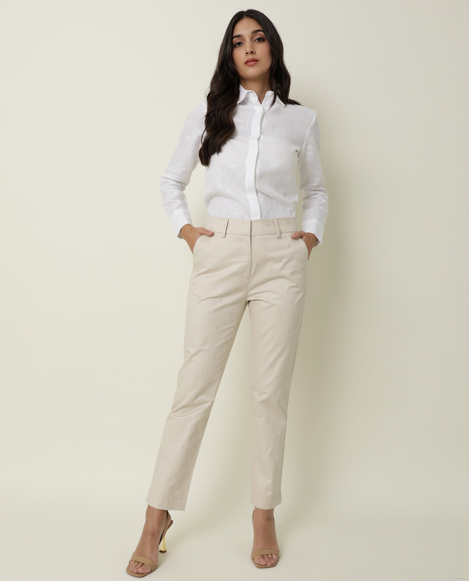 Rareism Women's Odyssey Beige Viscose Plain Ankle Length Tailored Trouser