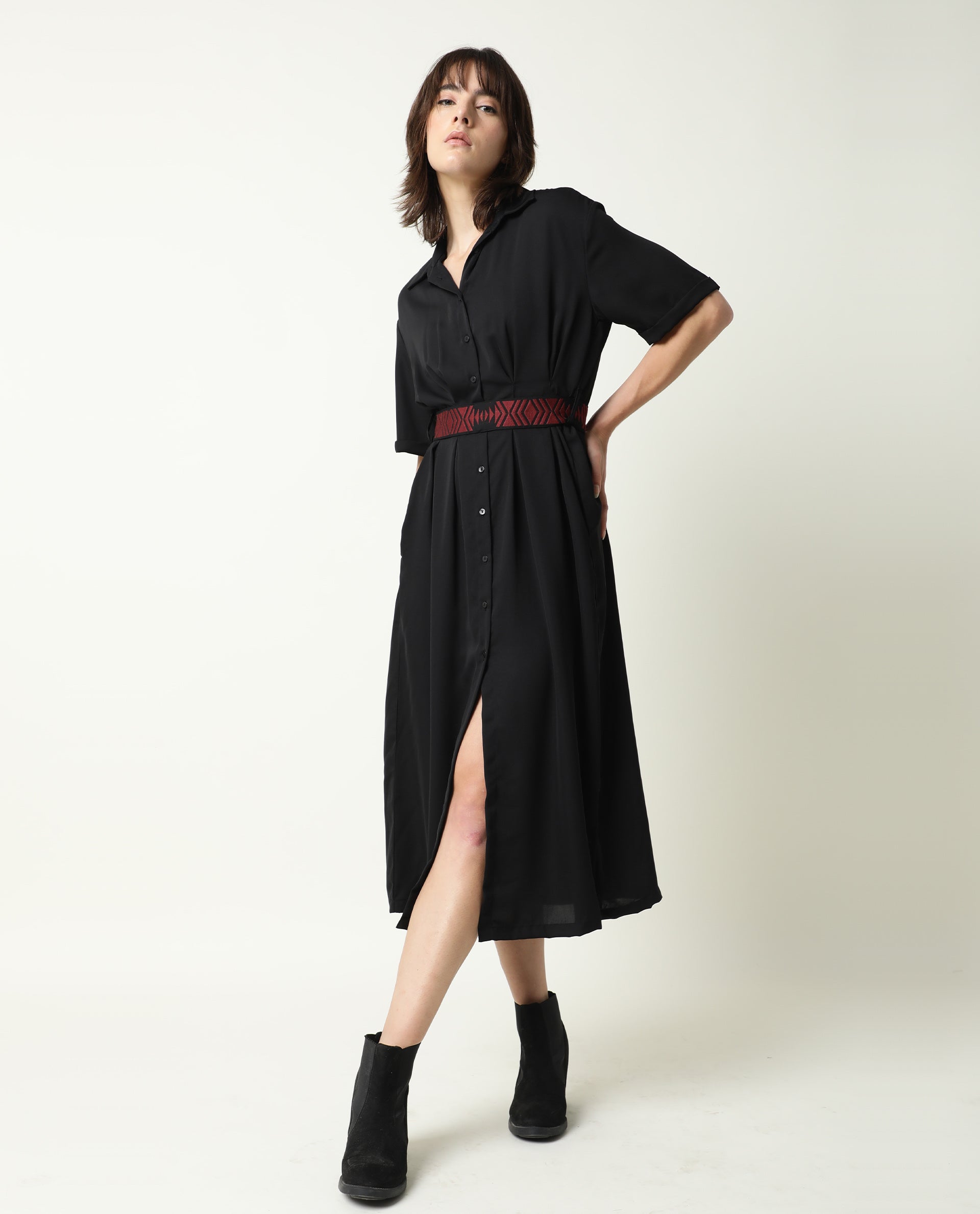 Rareism Women's Shroff Black Polyester Spread Collar Plain Midi Relaxed Fit Dress