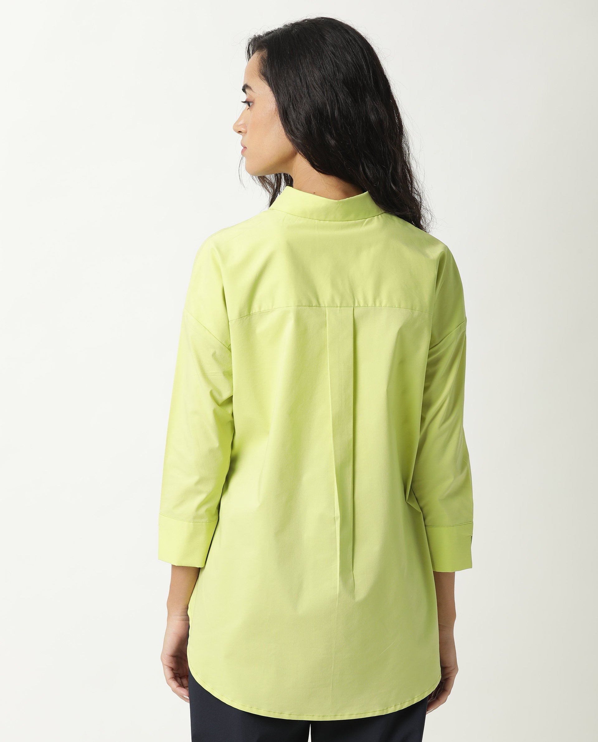Rareism Women's Eleven Green Spread Collar Plain Knee Length Tailored Top