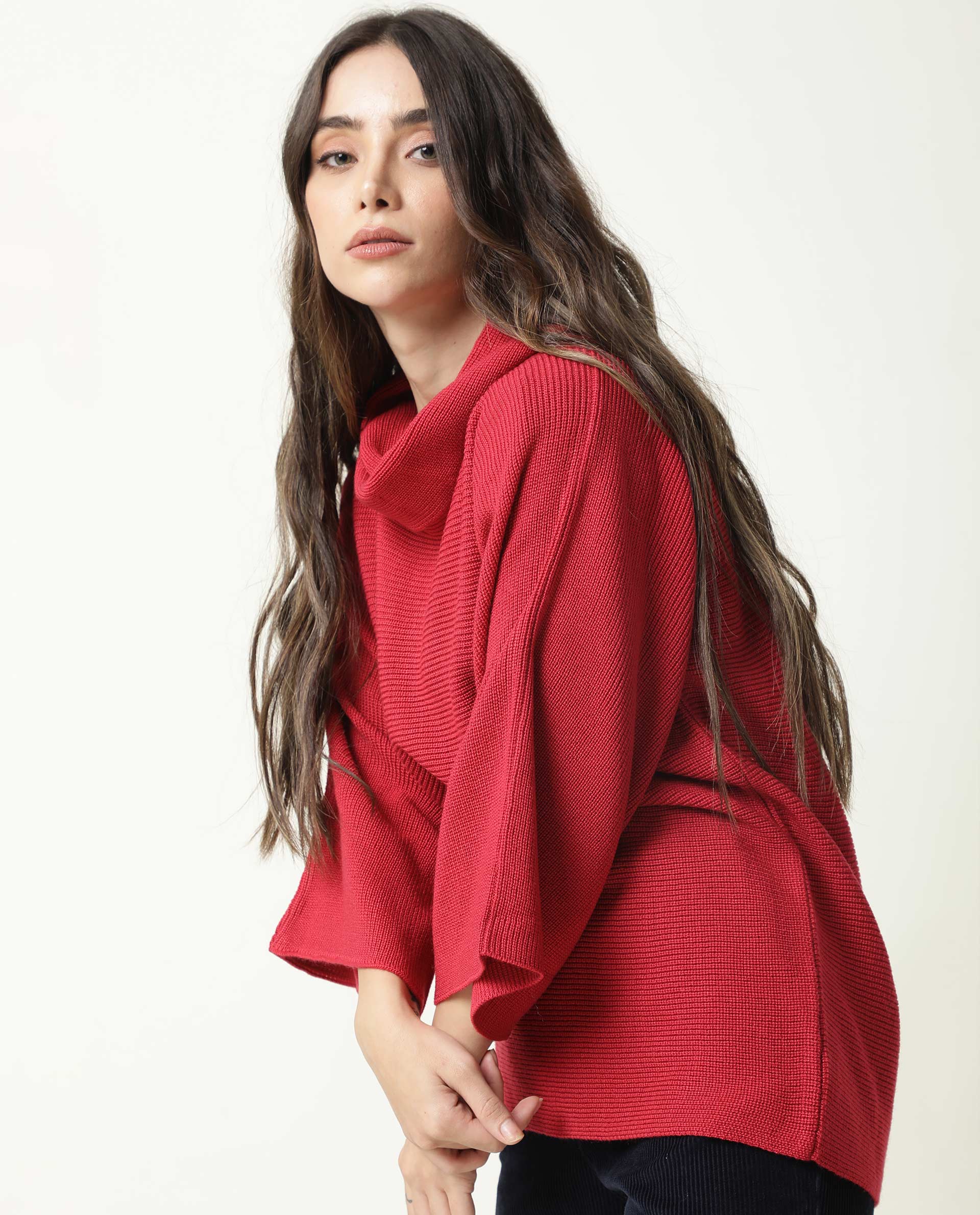 Rareism Women Sasho Pink Acrylic Fabric 3/4Th Sleeves Relaxed Fit Solid Cowl Neck Sweater