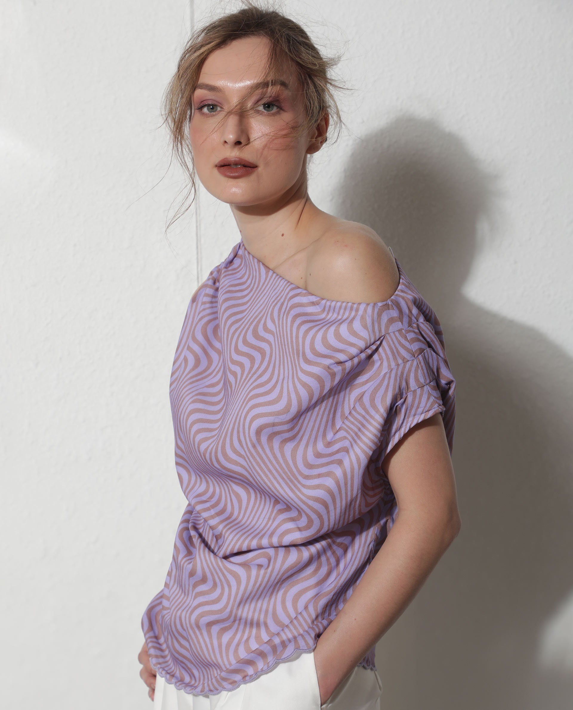 Rareism Women Milio Purple Cotton Fabric Regular Fit Tube Neck Geometric Print Top