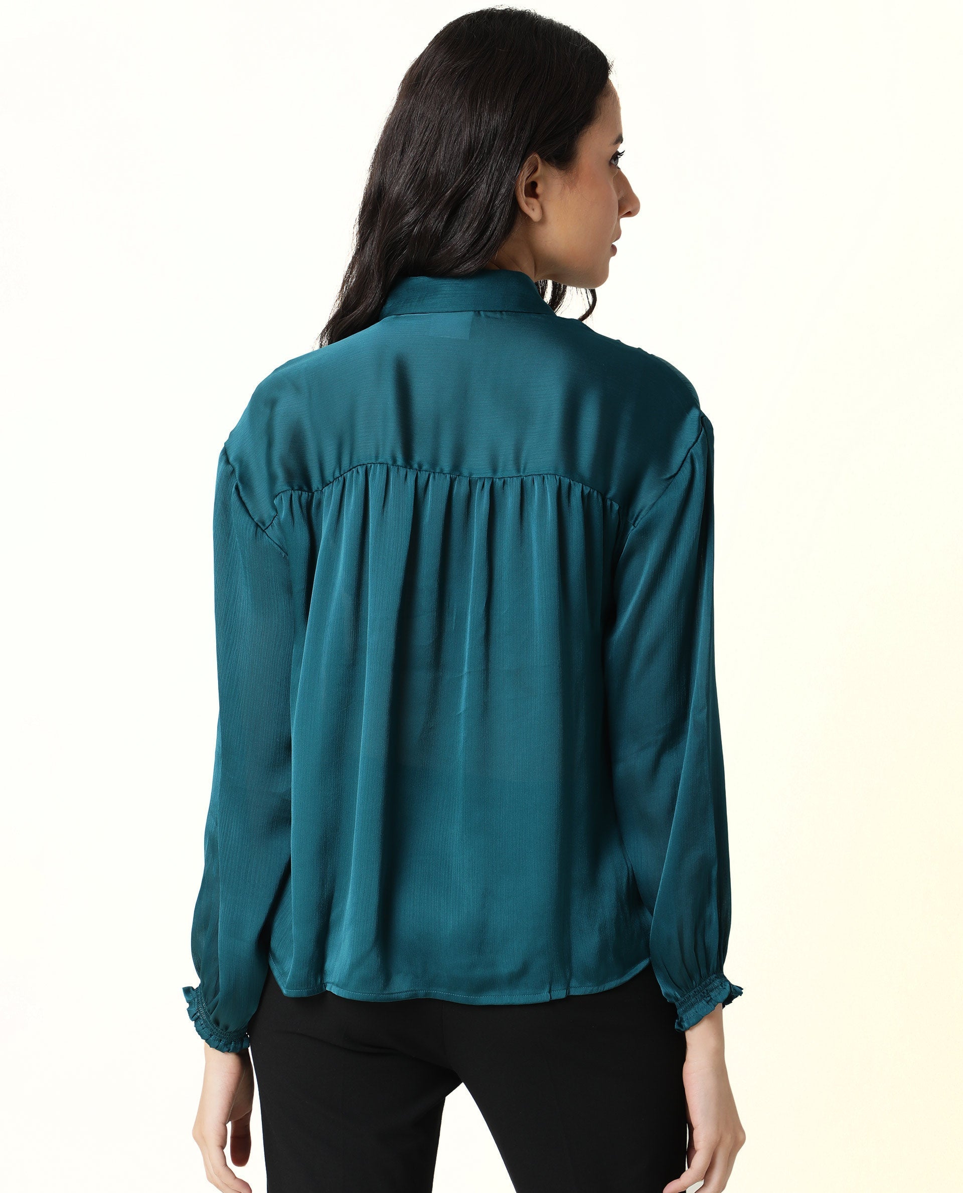 Rareism Womens Leaf Petrol Top Polyester Fabric Regular Fit Puff Sleeves V Neck