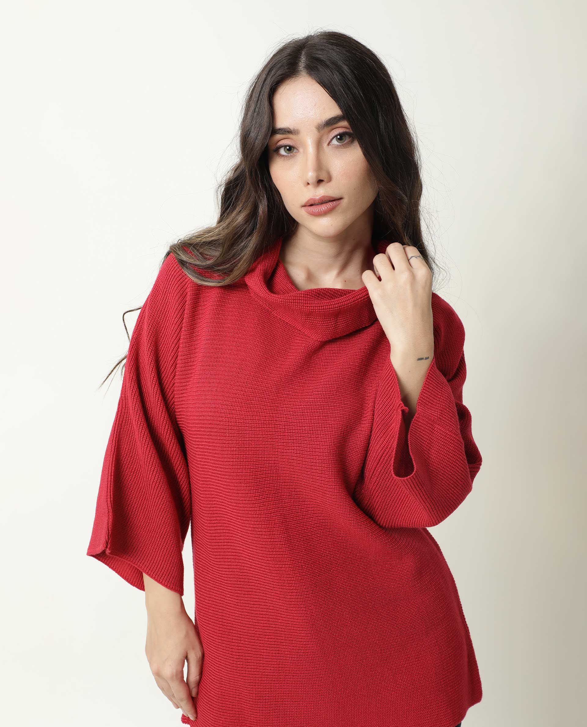 Rareism Women Sasho Pink Acrylic Fabric 3/4Th Sleeves Relaxed Fit Solid Cowl Neck Sweater