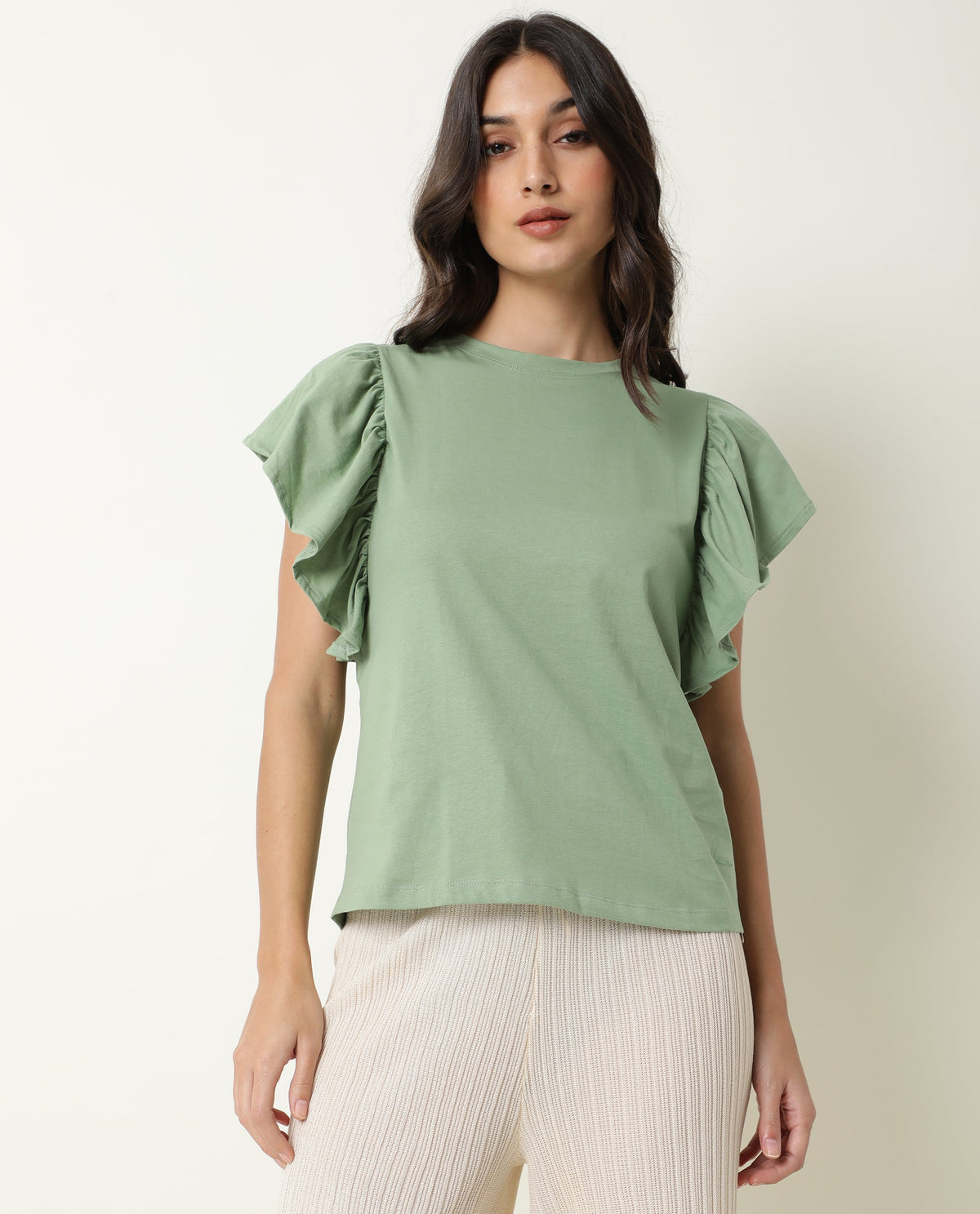 Rareism Womens Yatch Green Top Cotton Fabric Regular Fit Ruffled Sleeves Crew Neck