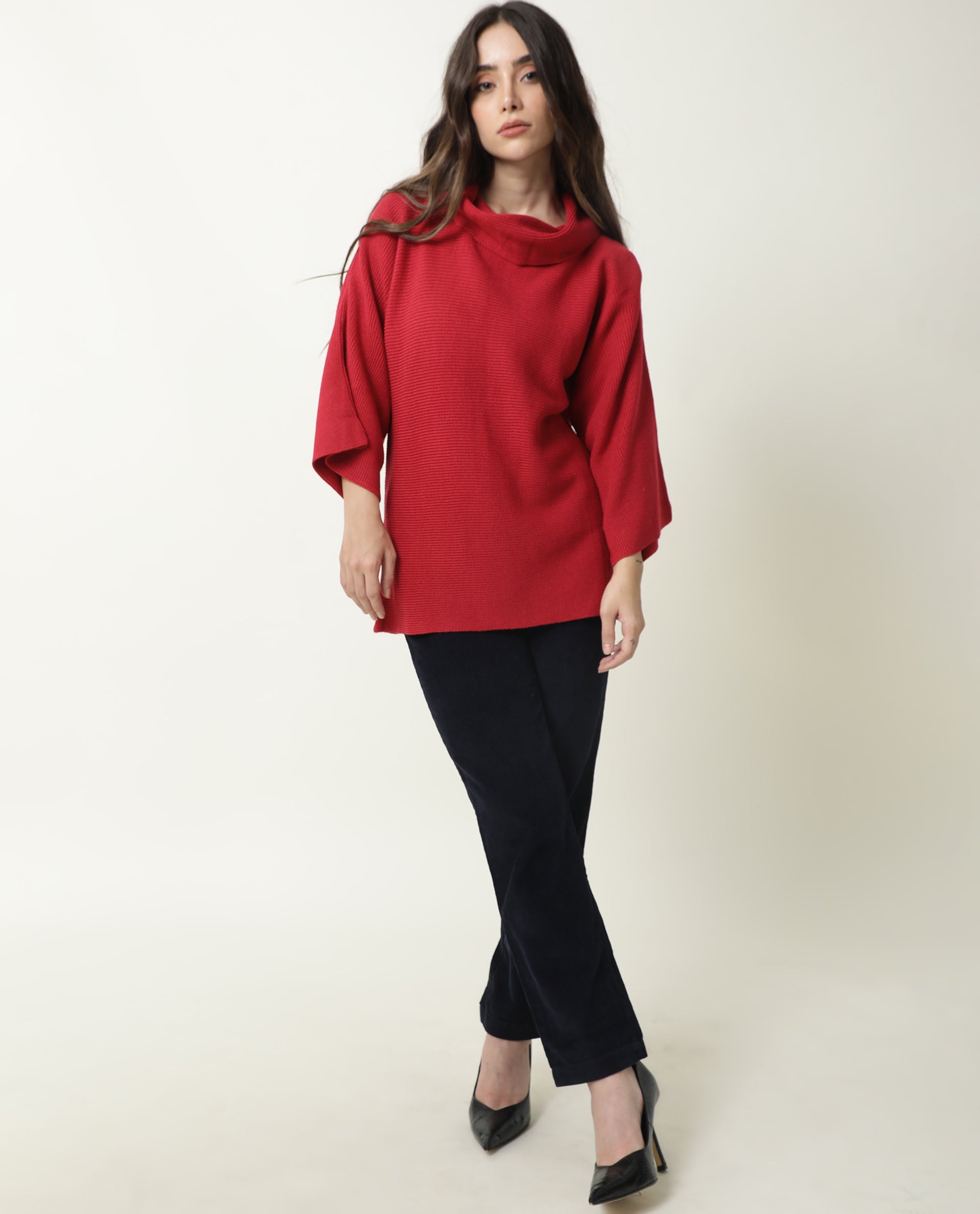 Rareism Women Sasho Pink Acrylic Fabric 3/4Th Sleeves Relaxed Fit Solid Cowl Neck Sweater