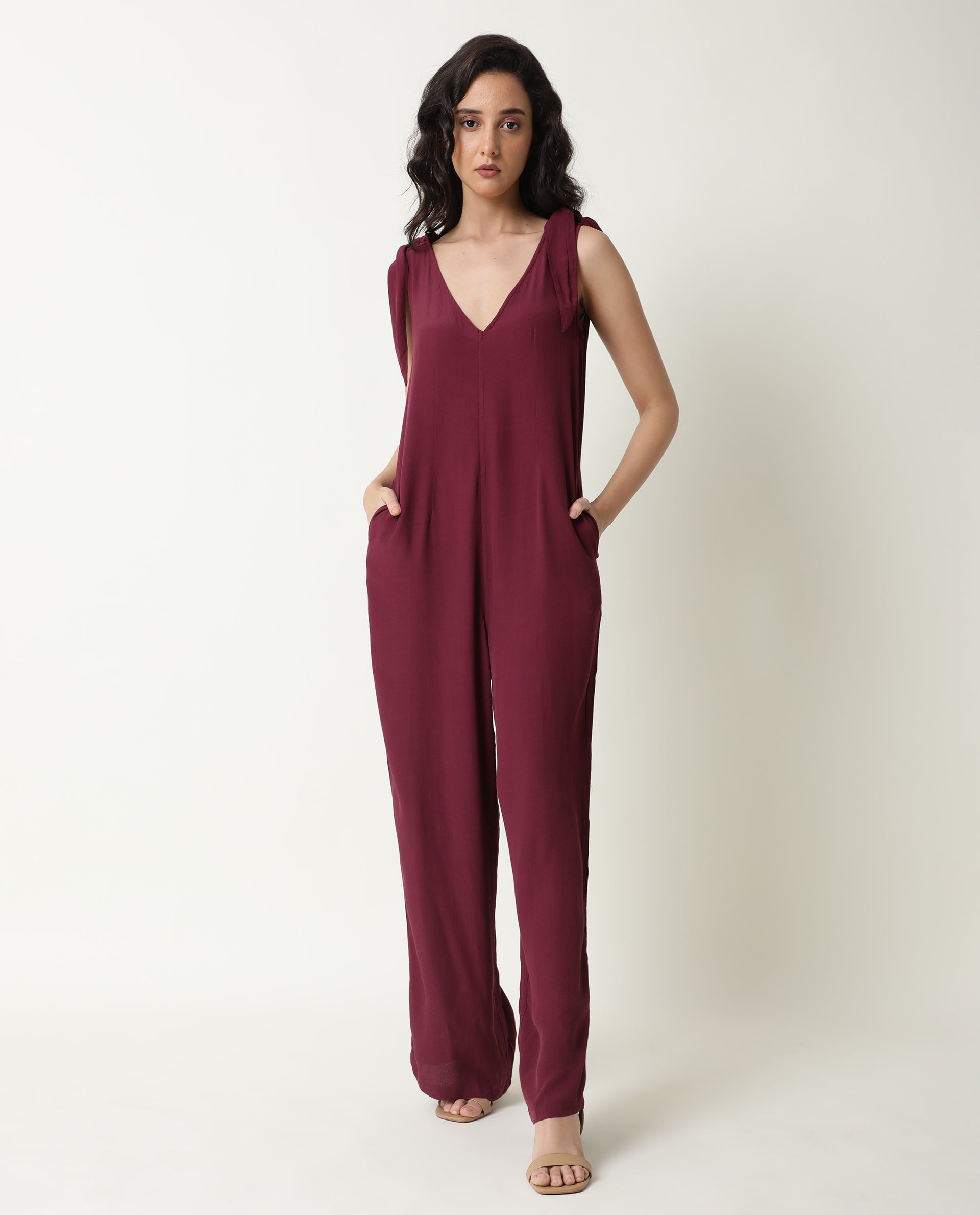 Rareism Women's Pivot Maroon Viscose V-Neck Plain Sleeveless Knee Length Tailored Jumpsuit