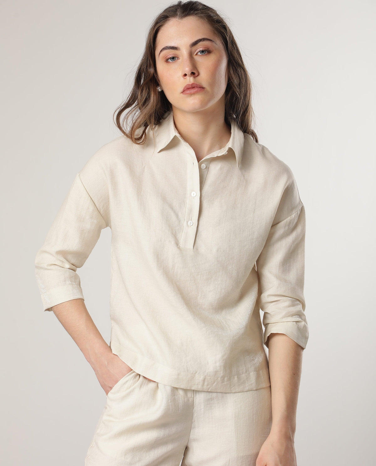 Rareism Women Velynn Beige Polyester Fabric Regular Fit Shirt Collar 3/4Th Sleeves Solid Top