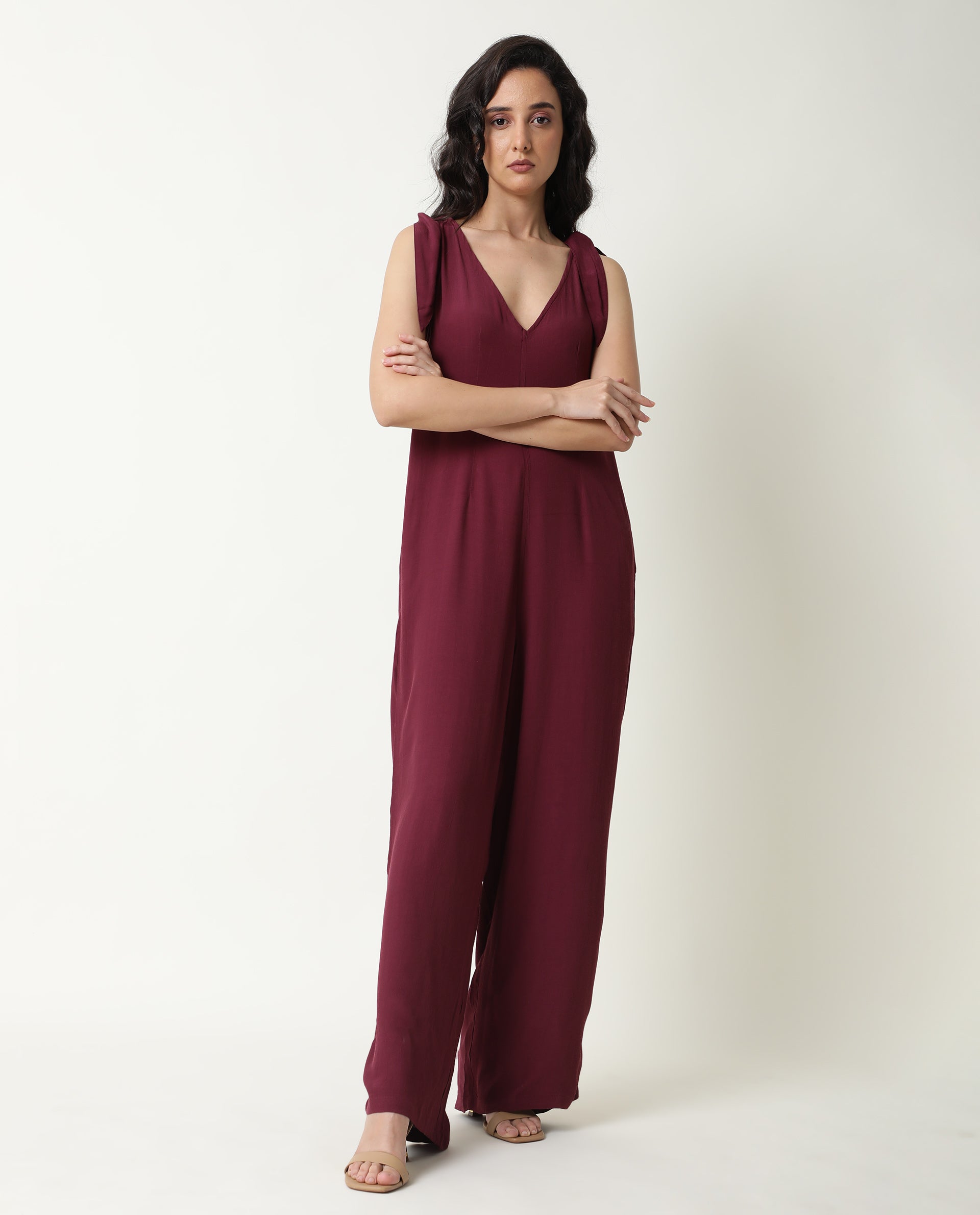 Rareism Women's Pivot Maroon Viscose V-Neck Plain Sleeveless Knee Length Tailored Jumpsuit