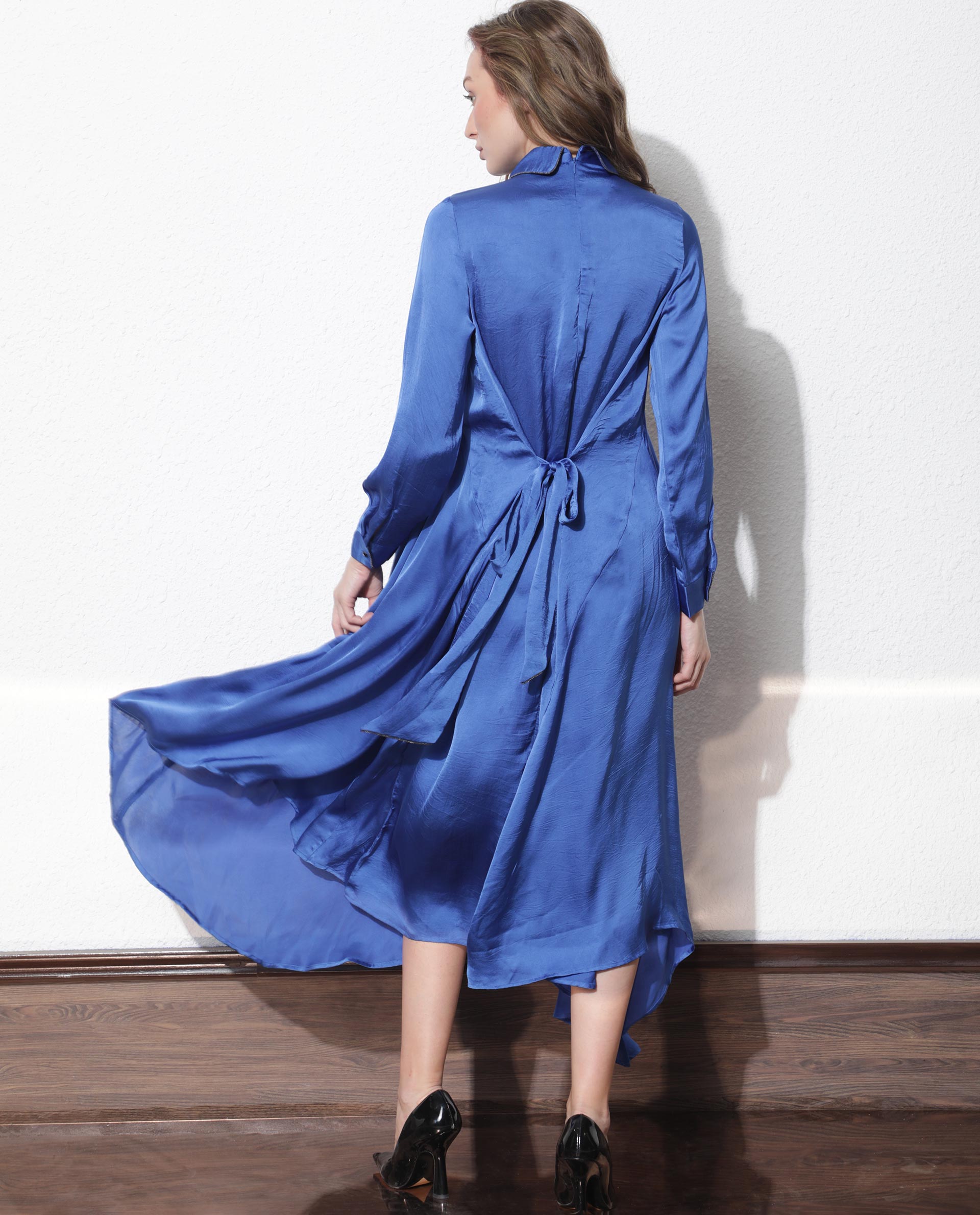 Rareism Women's Galaxyy Blue Modal Spread Collar Plain Maxi Regular Fit Dress