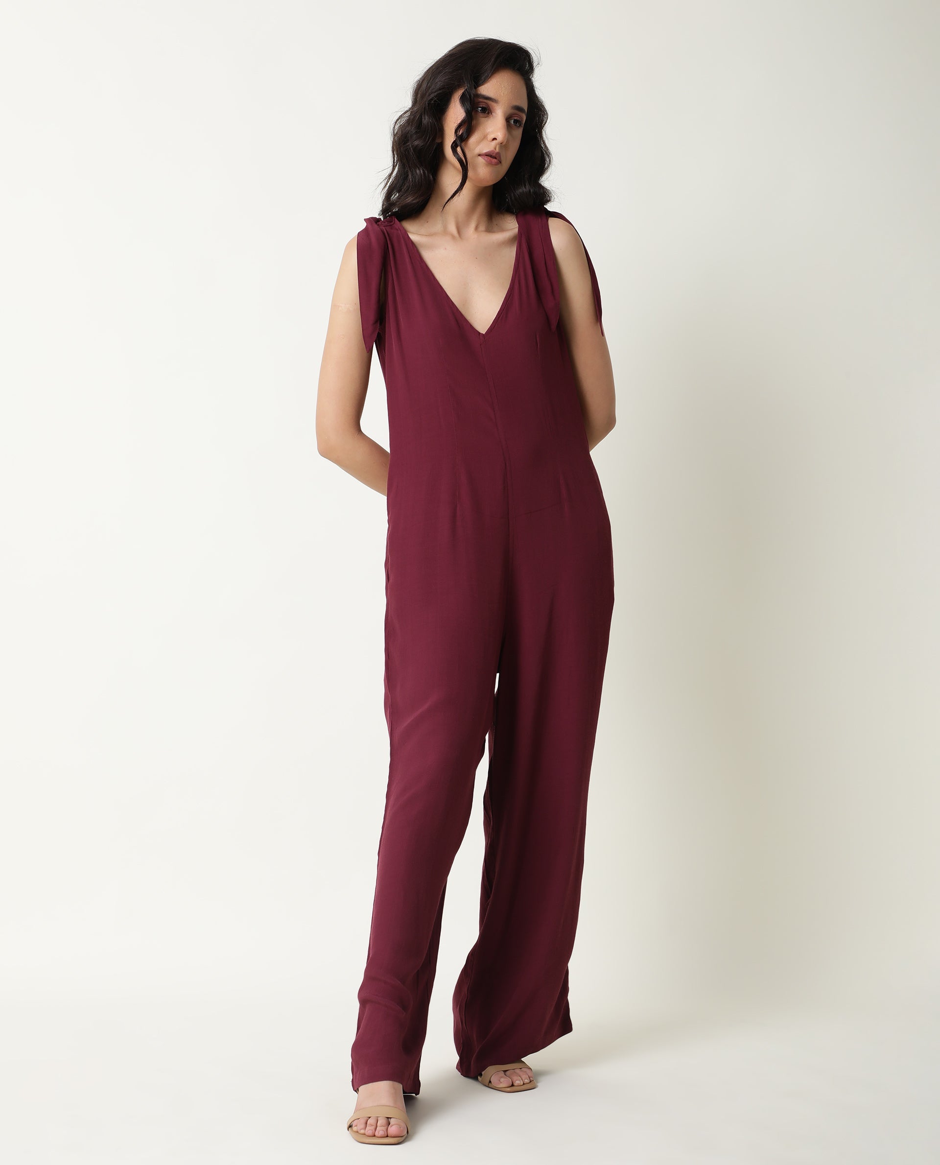 Rareism Women's Pivot Maroon Viscose V-Neck Plain Sleeveless Knee Length Tailored Jumpsuit