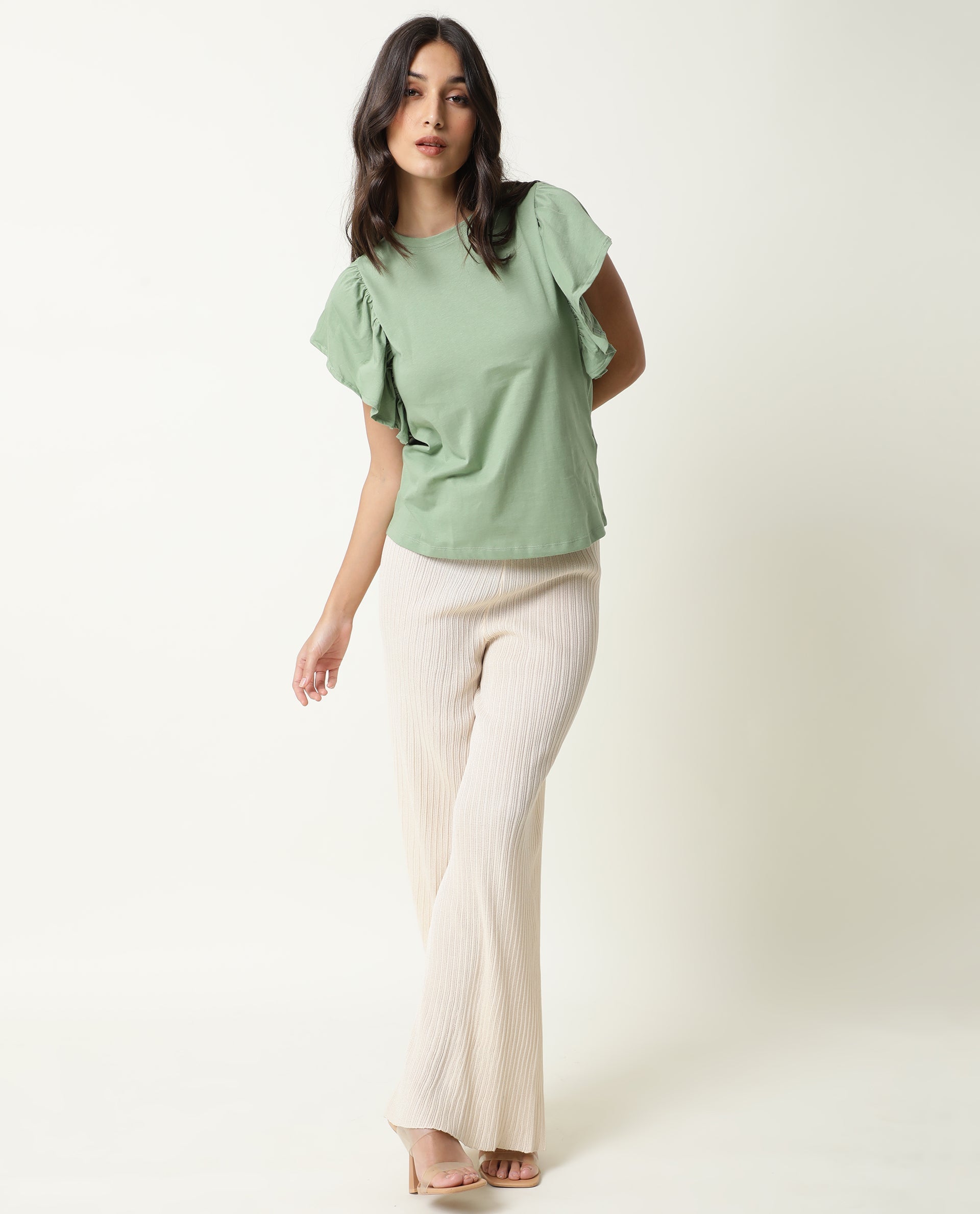Rareism Womens Yatch Green Top Cotton Fabric Regular Fit Ruffled Sleeves Crew Neck