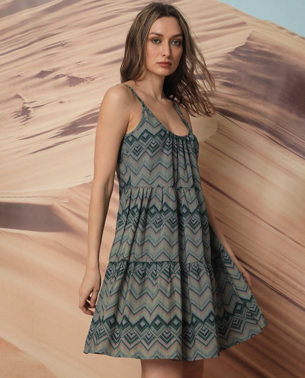 Rareism Women Callie Dark Green Polyester Fabric Sleeveless Shoulder Straps Regular Fit Geometric Print Knee Length Tiered Dress