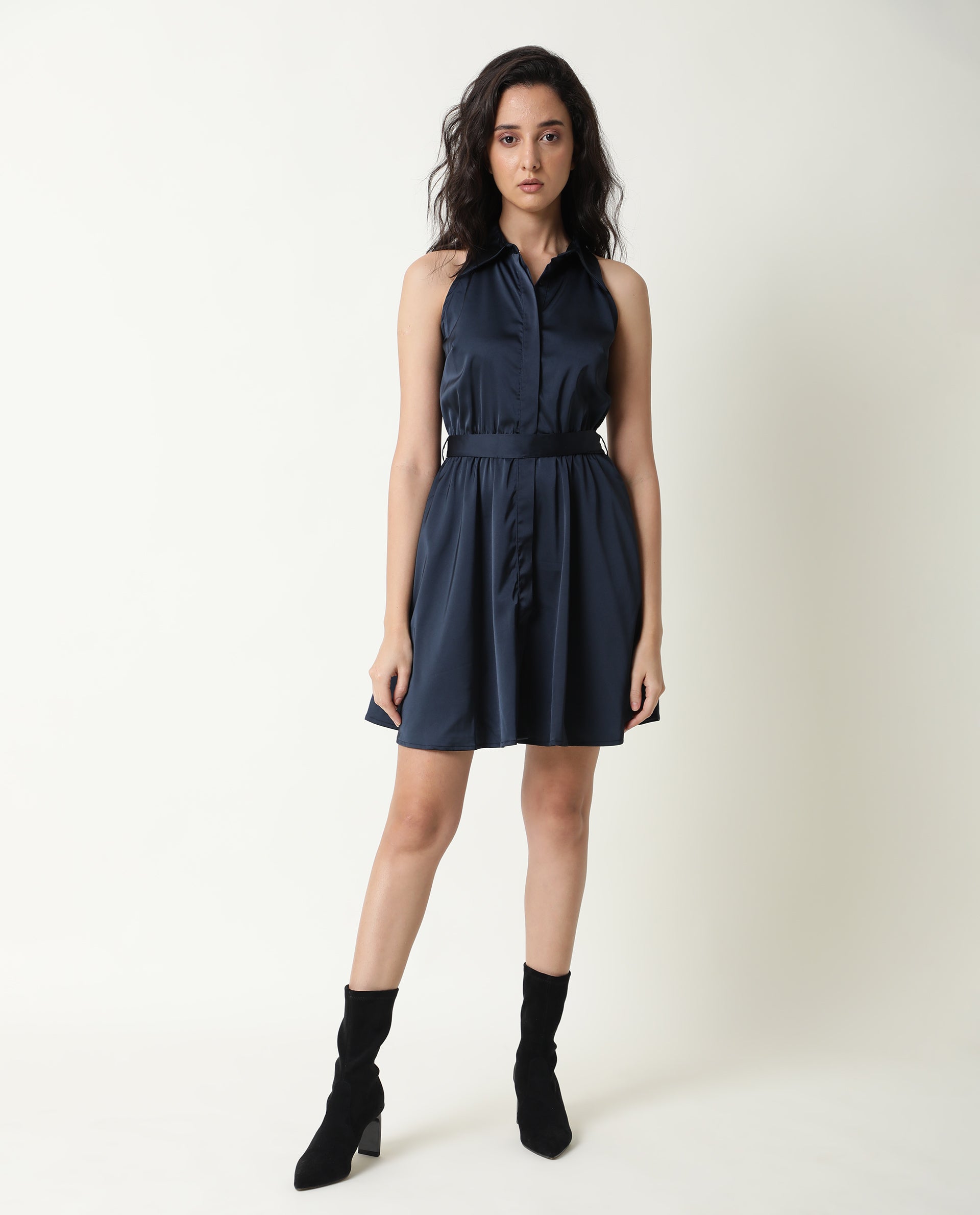 Rareism Women Sulphur Navy Shirt Collar Halter Neck Full Front Button Closure Placket With Fabric Waist Belt Mini Dress